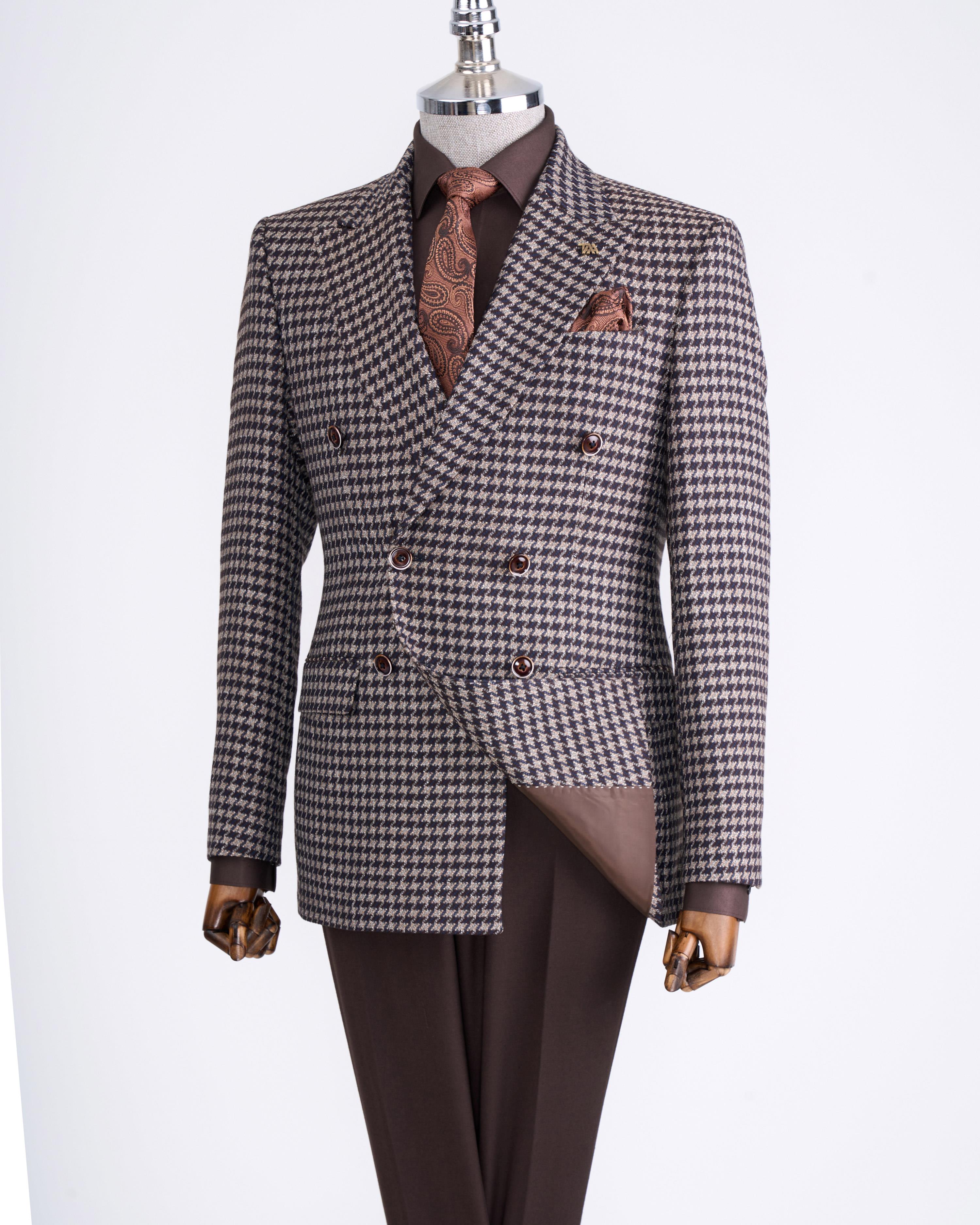 İtalyan stil slim fit erkek kombin ceket pantolon takım elbise kahverengi T13082