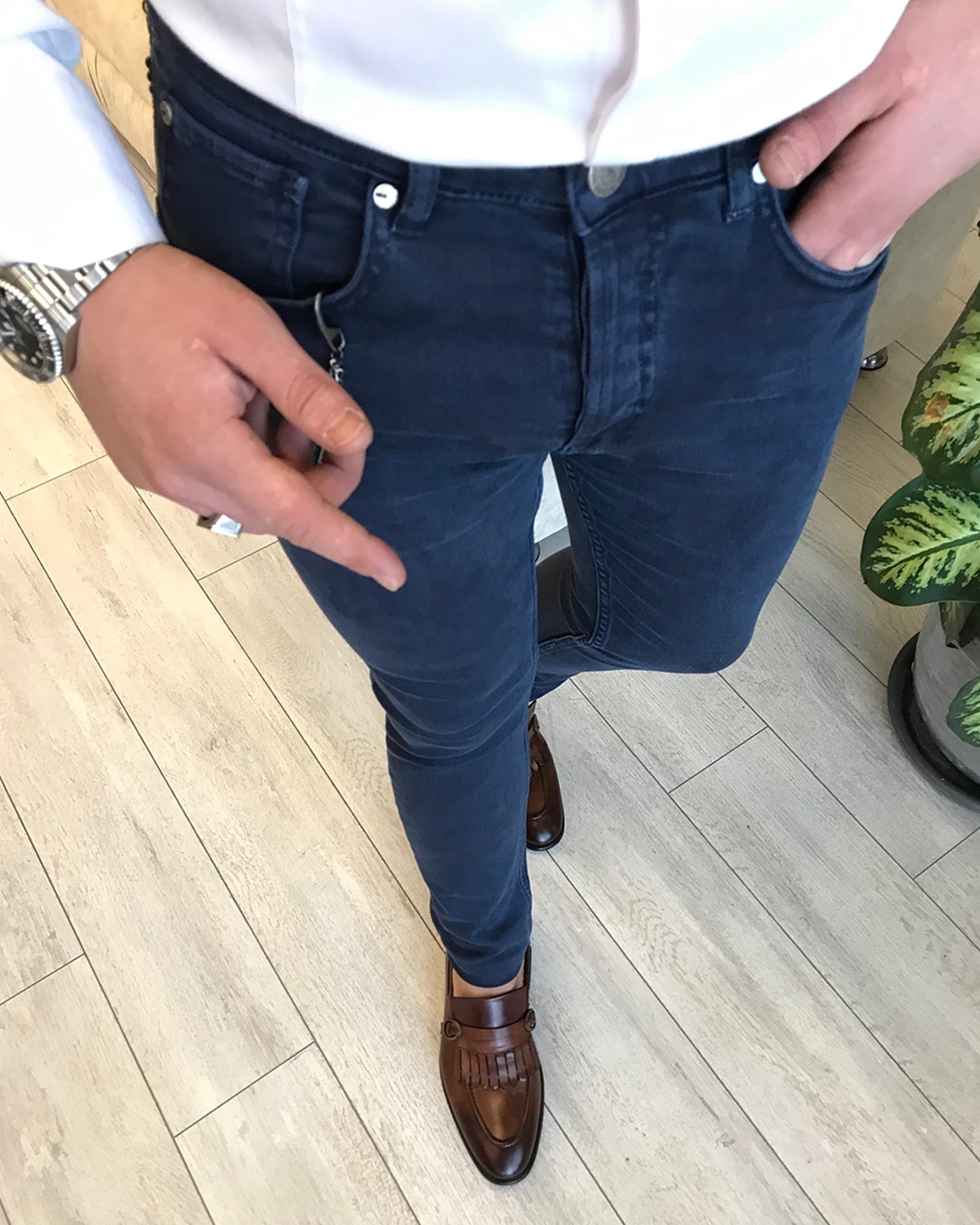 İtalyan stil slim fit erkek kot pantalon Lacivert T5152