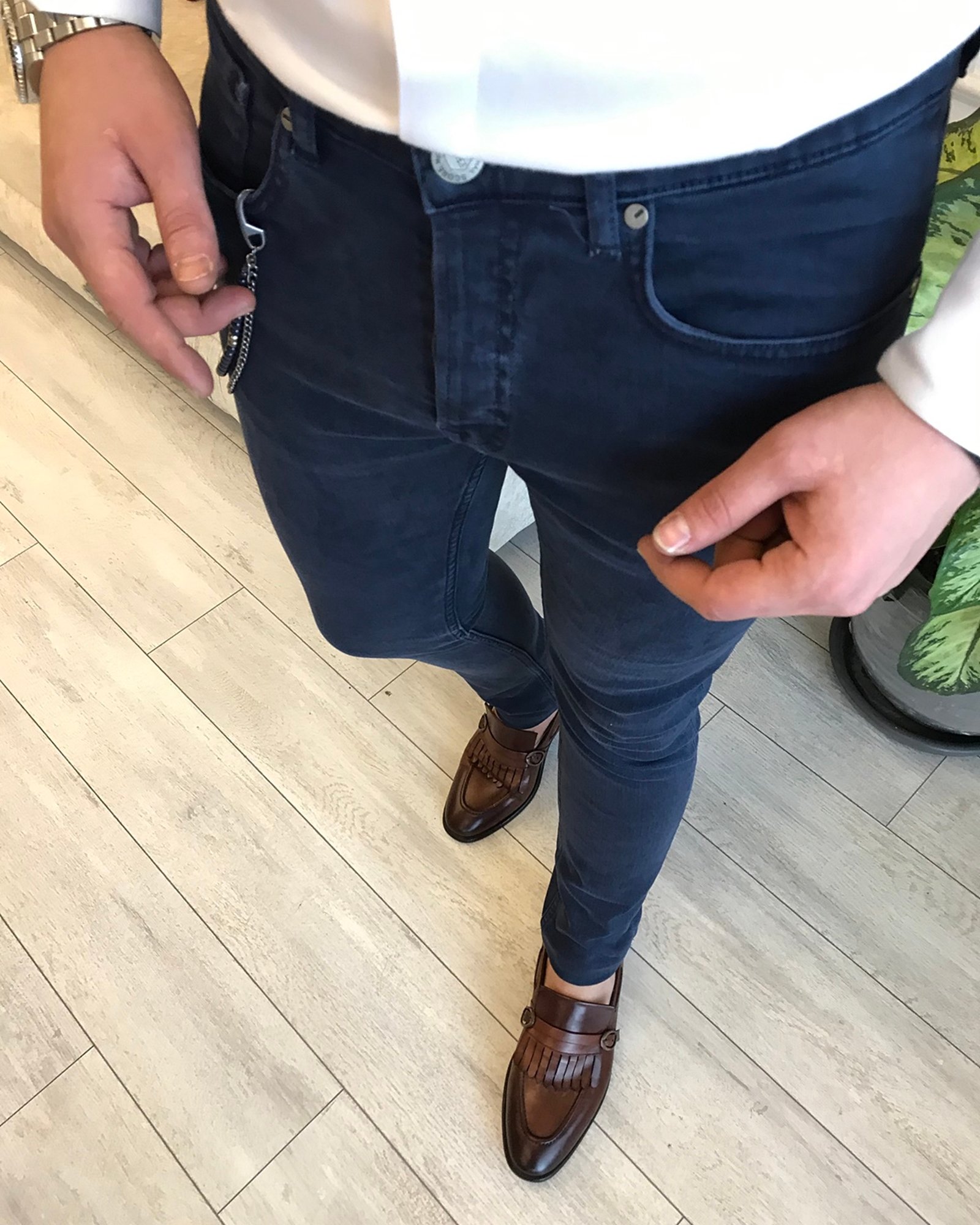 İtalyan stil slim fit erkek kot pantalon Lacivert T5152