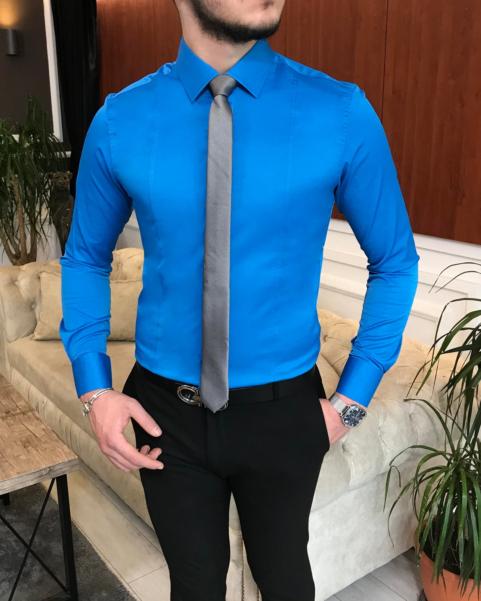 İtalyan stil slim fit erkek kravat yaka gömlek Saks T6815