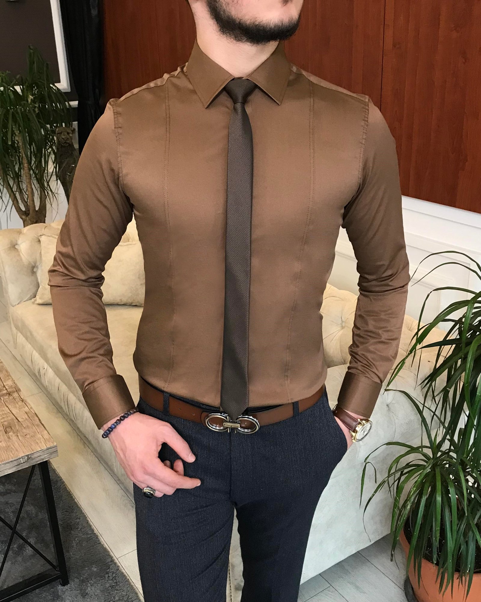 İtalyan stil slim fit erkek kravat yaka gömlek Kahverengi T6818