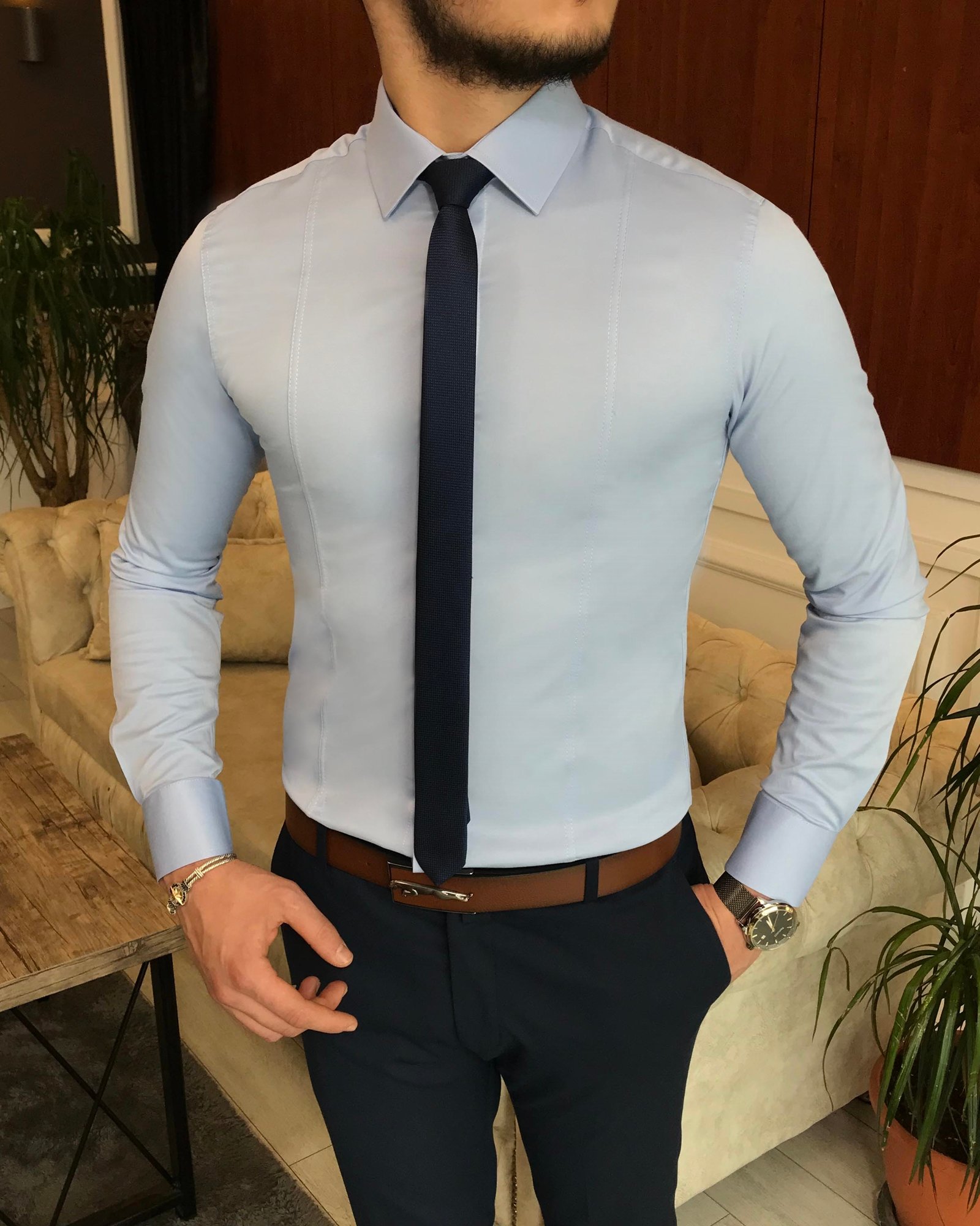 İtalyan stil slim fit erkek kravat yaka gömlek Mavi T6816