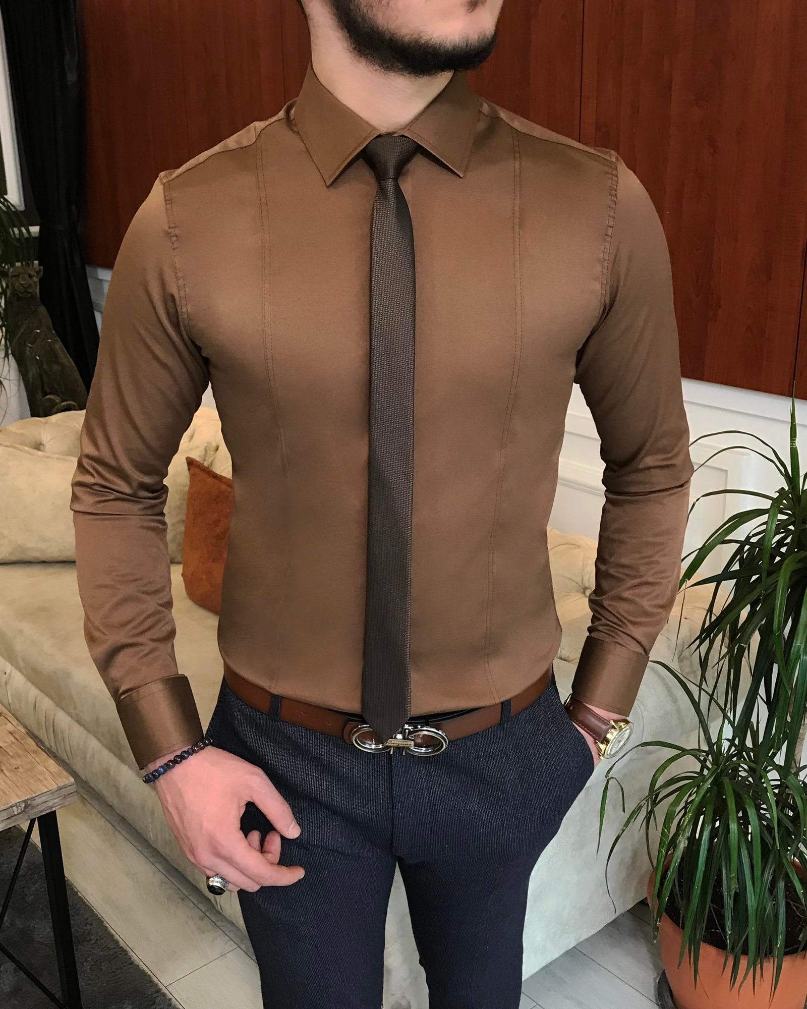 İtalyan stil slim fit erkek kravat yaka gömlek Kahverengi T6818
