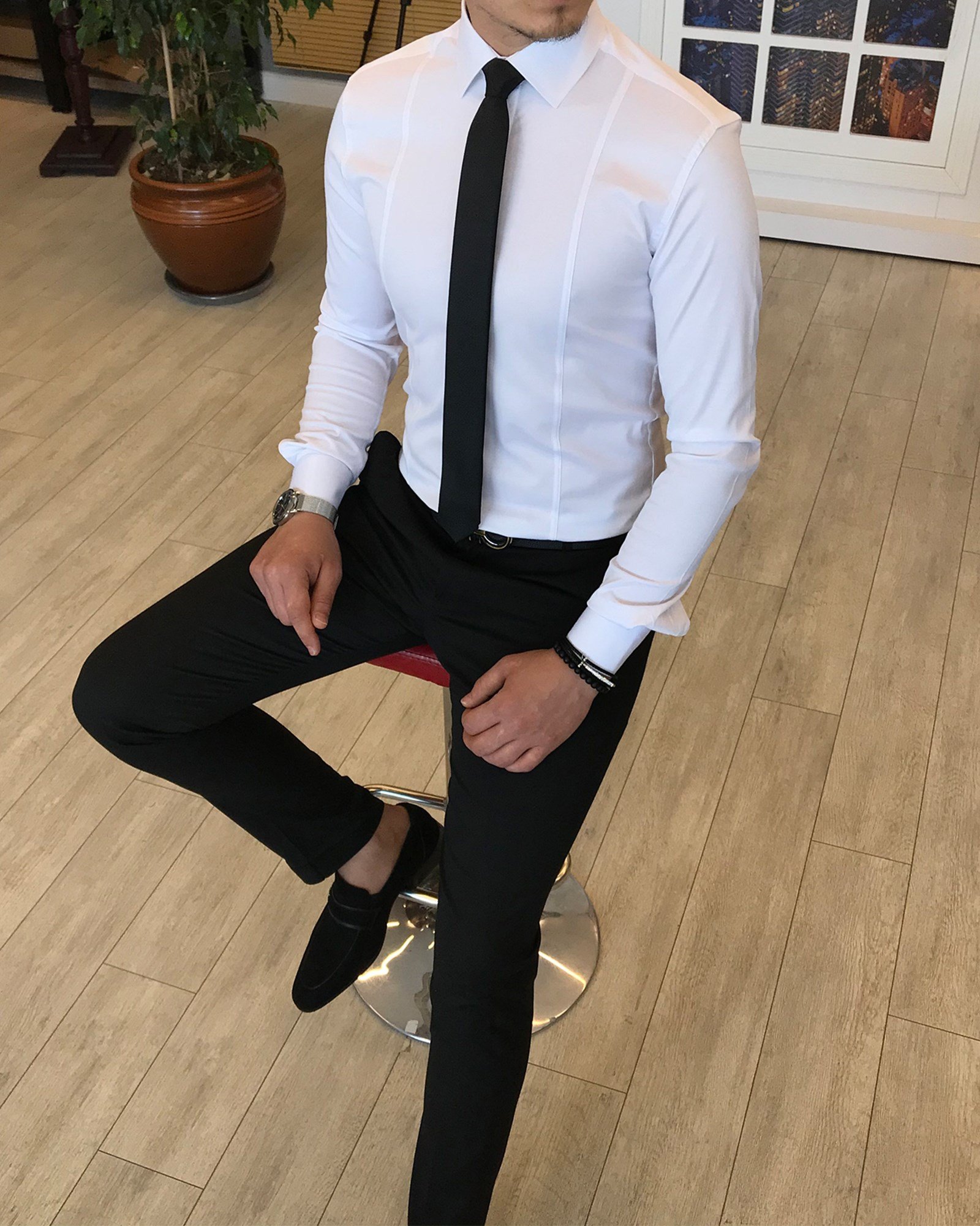 İtalyan stil slim fit erkek kravat yaka gömlek Beyaz T4775