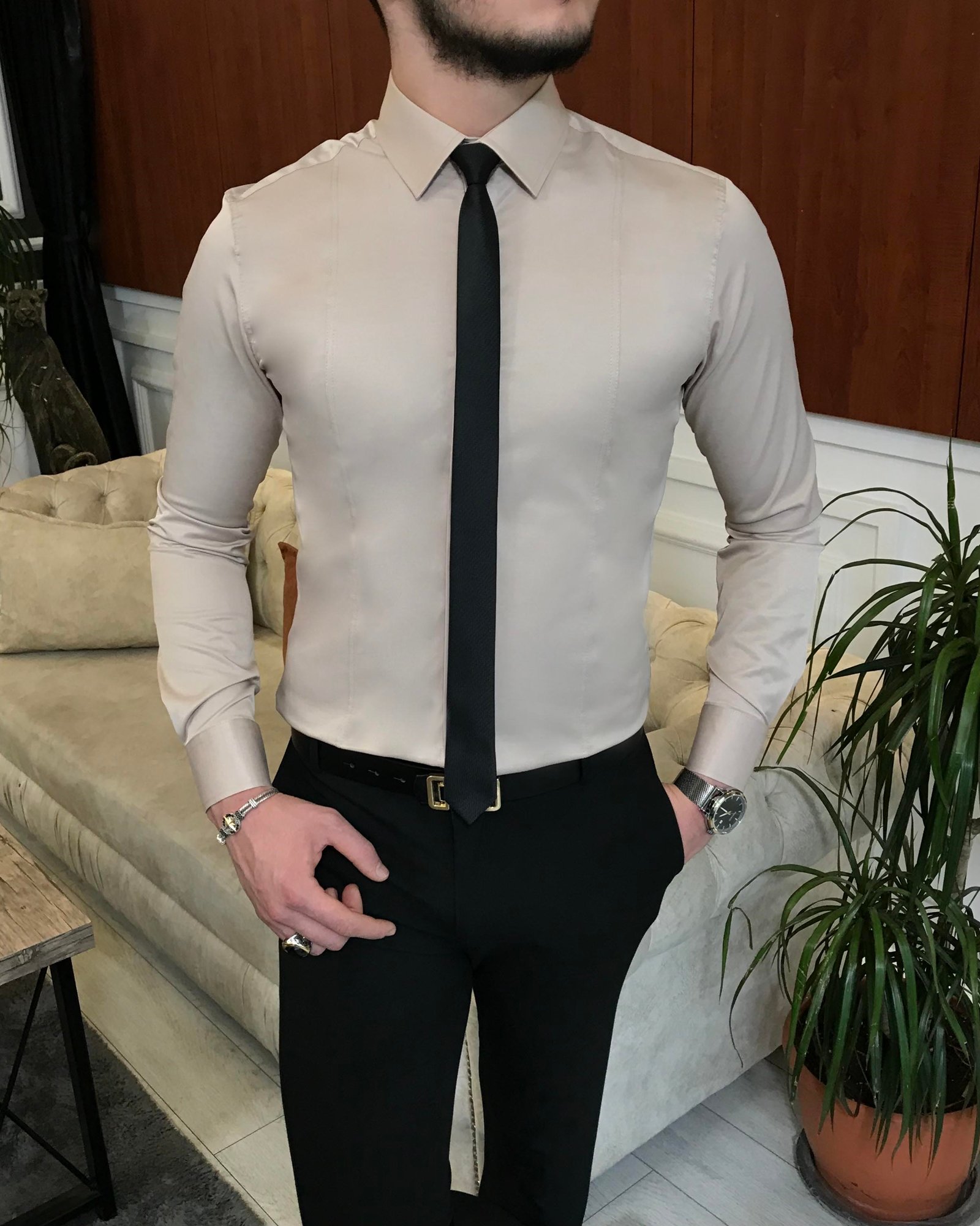 İtalyan stil slim fit erkek kravat yaka gömlek Bej T6821