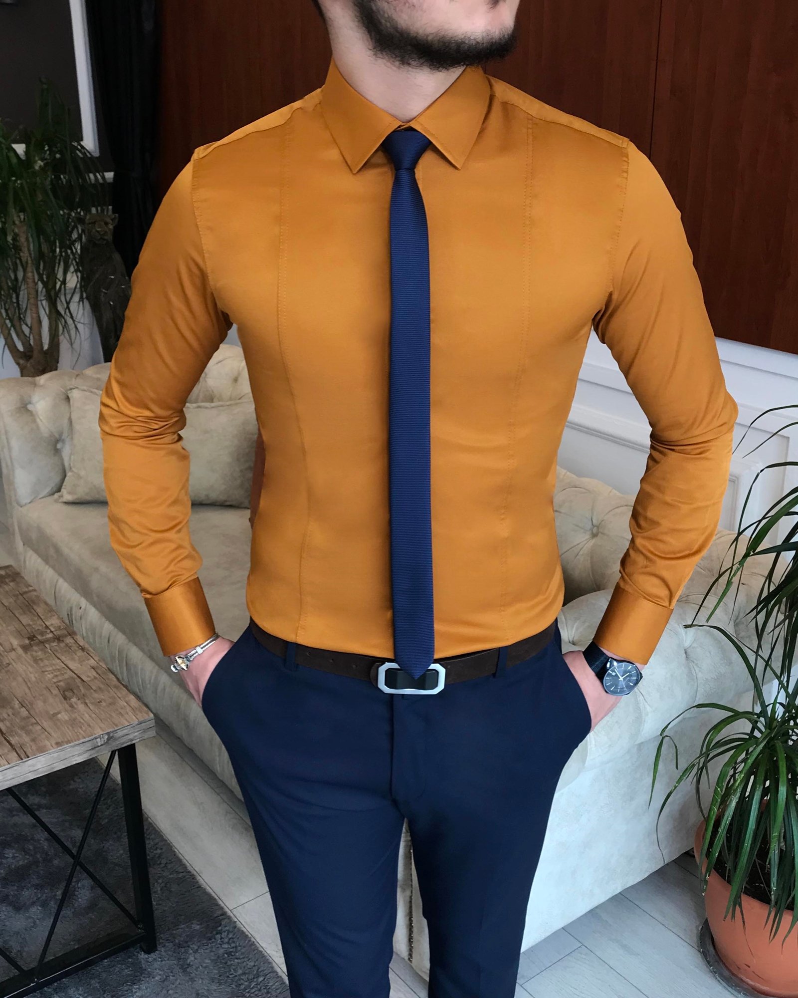 İtalyan stil slim fit erkek kravat yaka gömlek Hardal T6819
