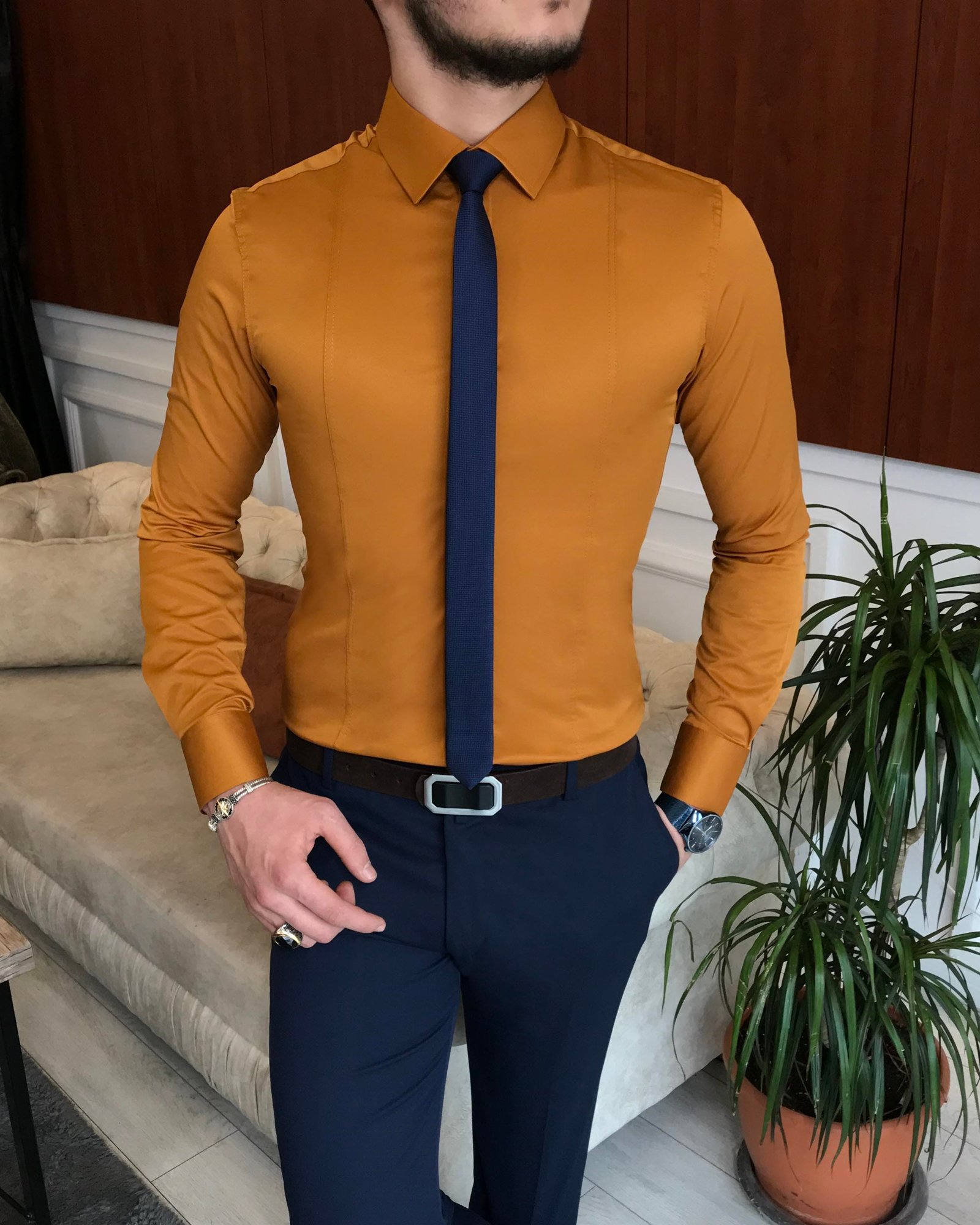 İtalyan stil slim fit erkek kravat yaka gömlek Hardal T6819