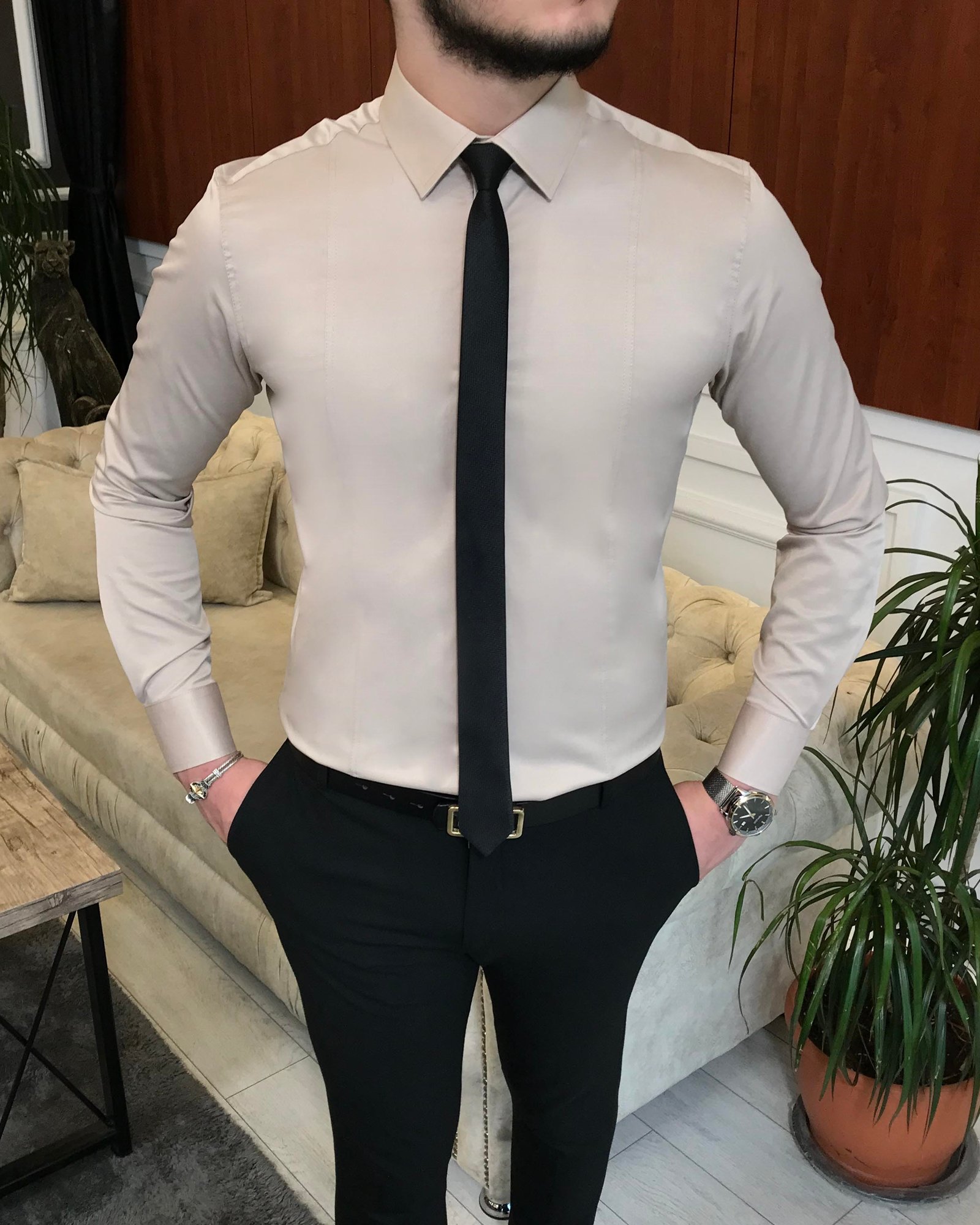 İtalyan stil slim fit erkek kravat yaka gömlek Bej T6821