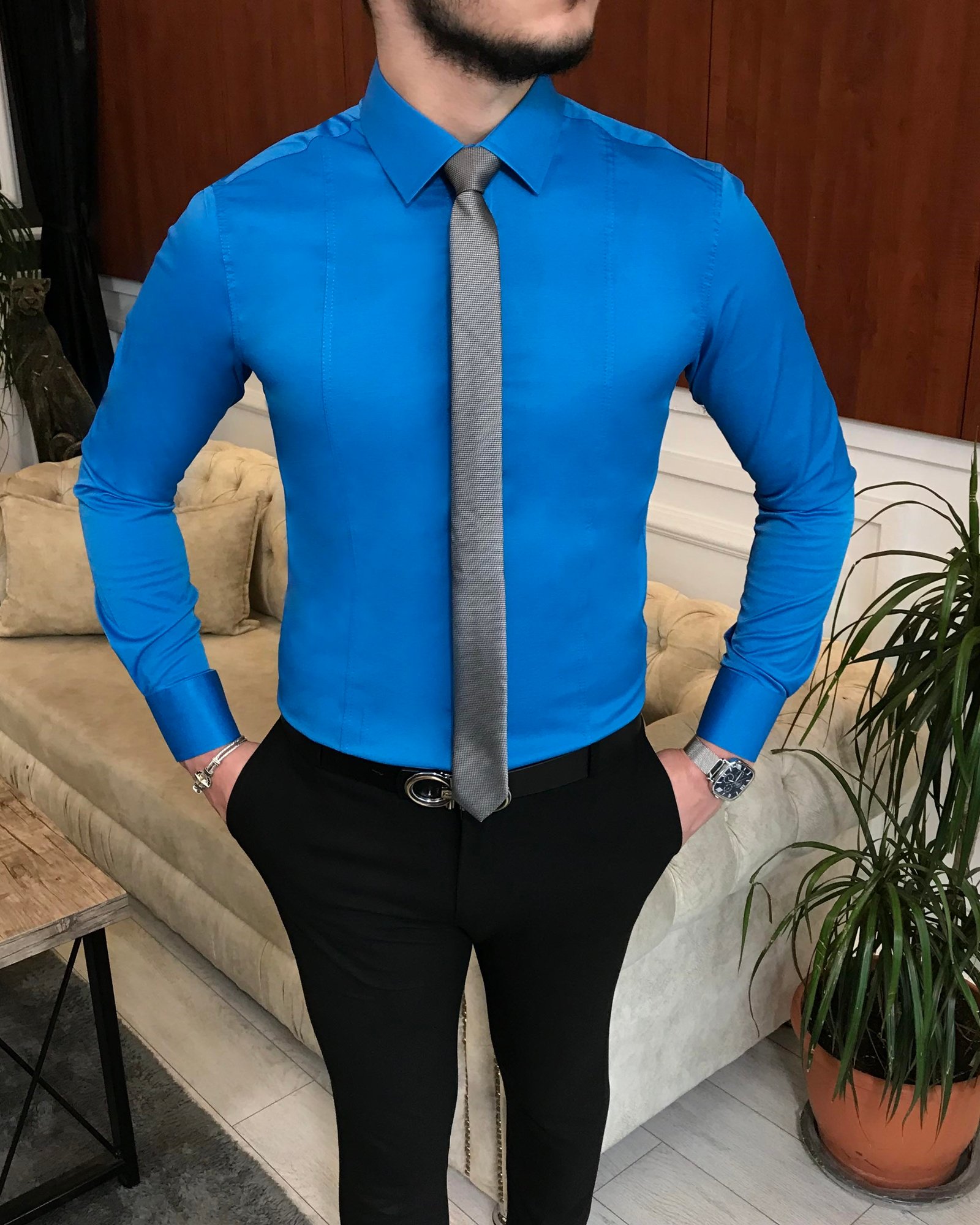 İtalyan stil slim fit erkek kravat yaka gömlek Saks T6815