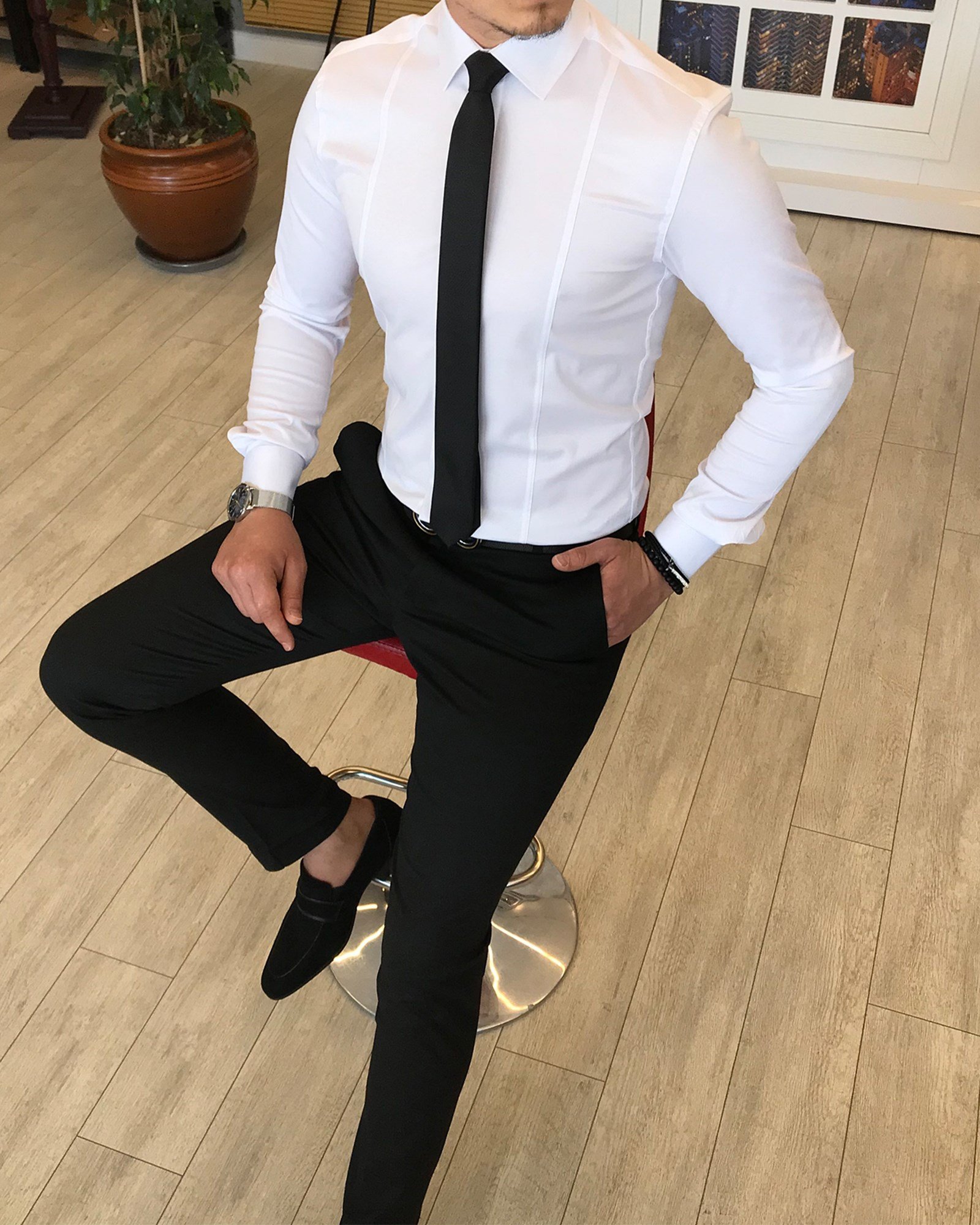 İtalyan stil slim fit erkek kravat yaka gömlek Beyaz T4775