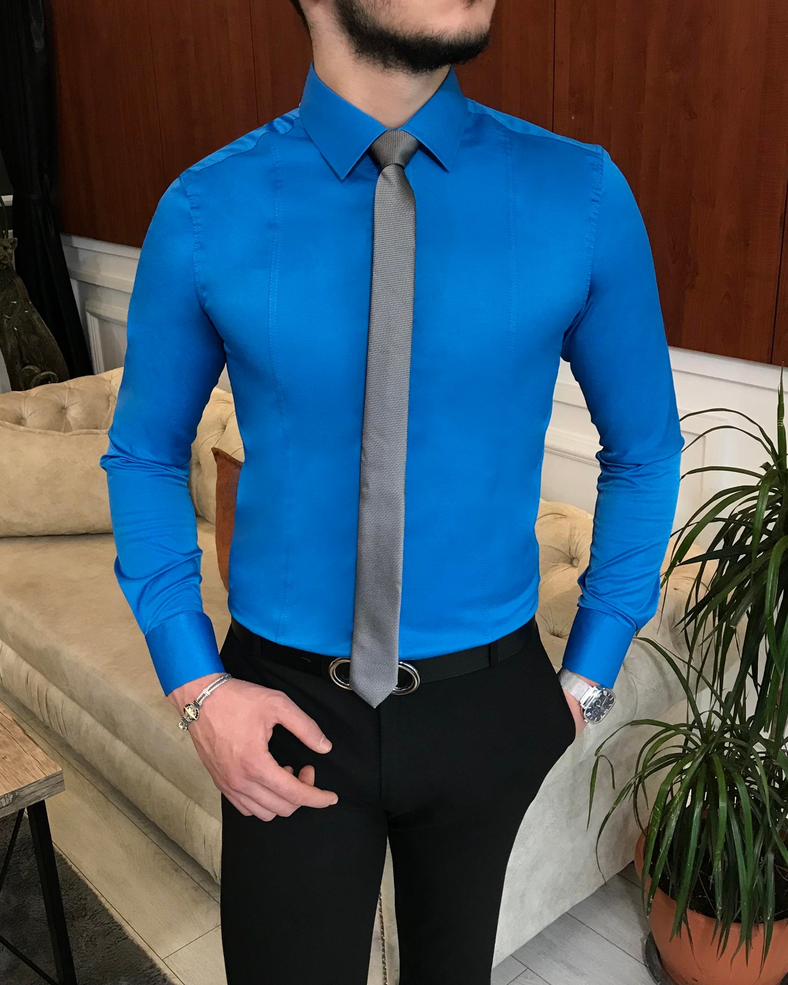 İtalyan stil slim fit erkek kravat yaka gömlek Saks T6815
