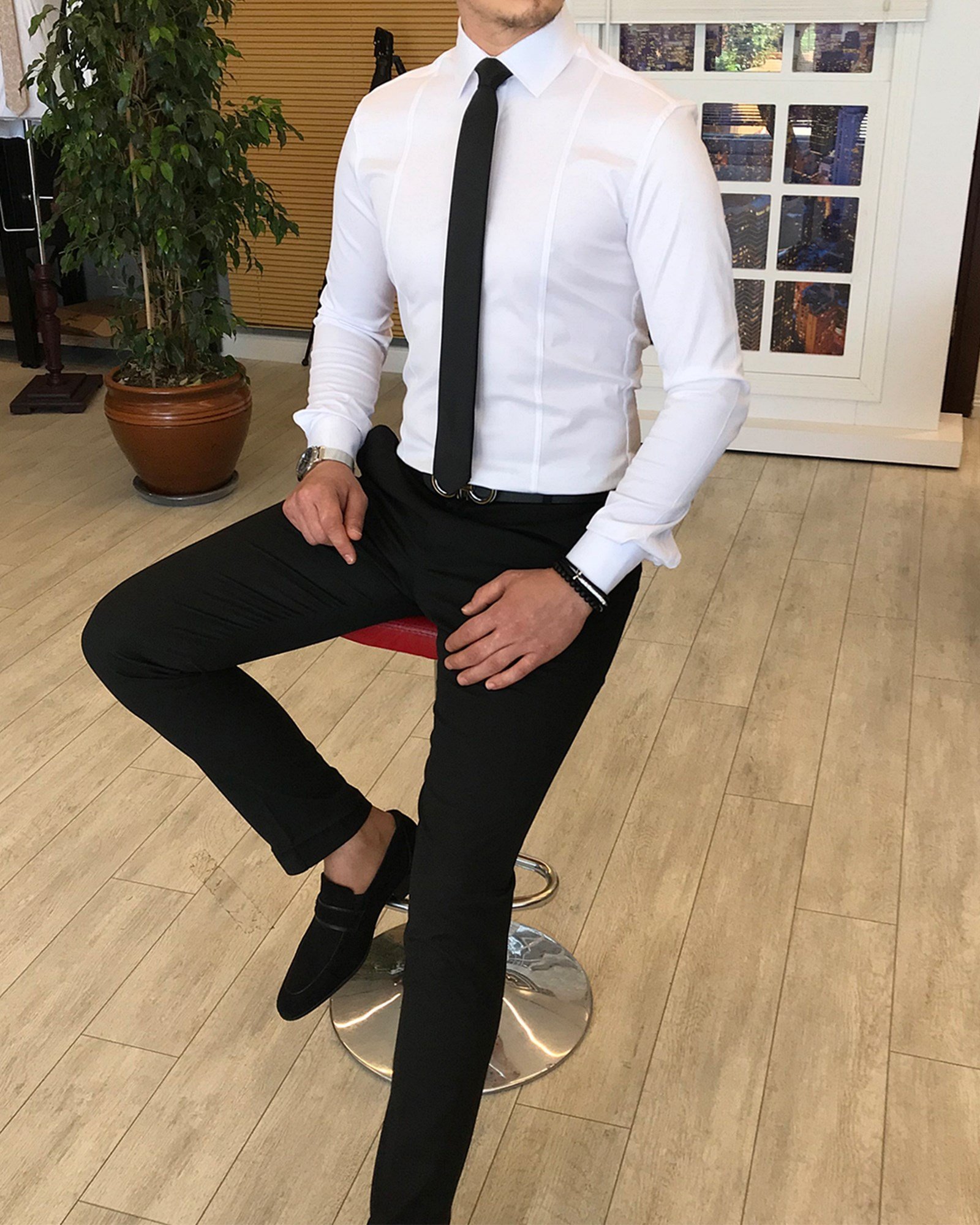 İtalyan stil slim fit erkek kravat yaka gömlek Beyaz T4775