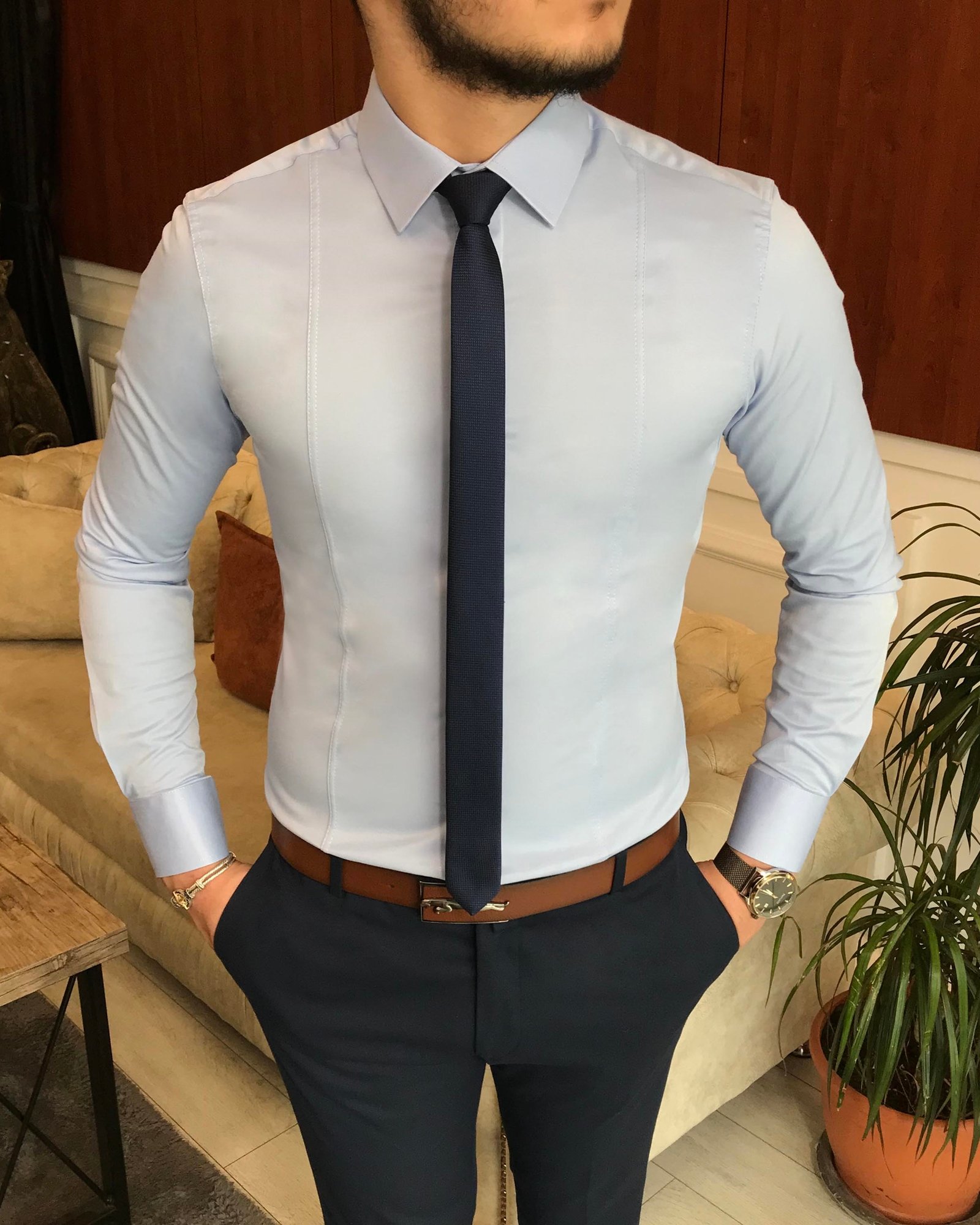 İtalyan stil slim fit erkek kravat yaka gömlek Mavi T6816