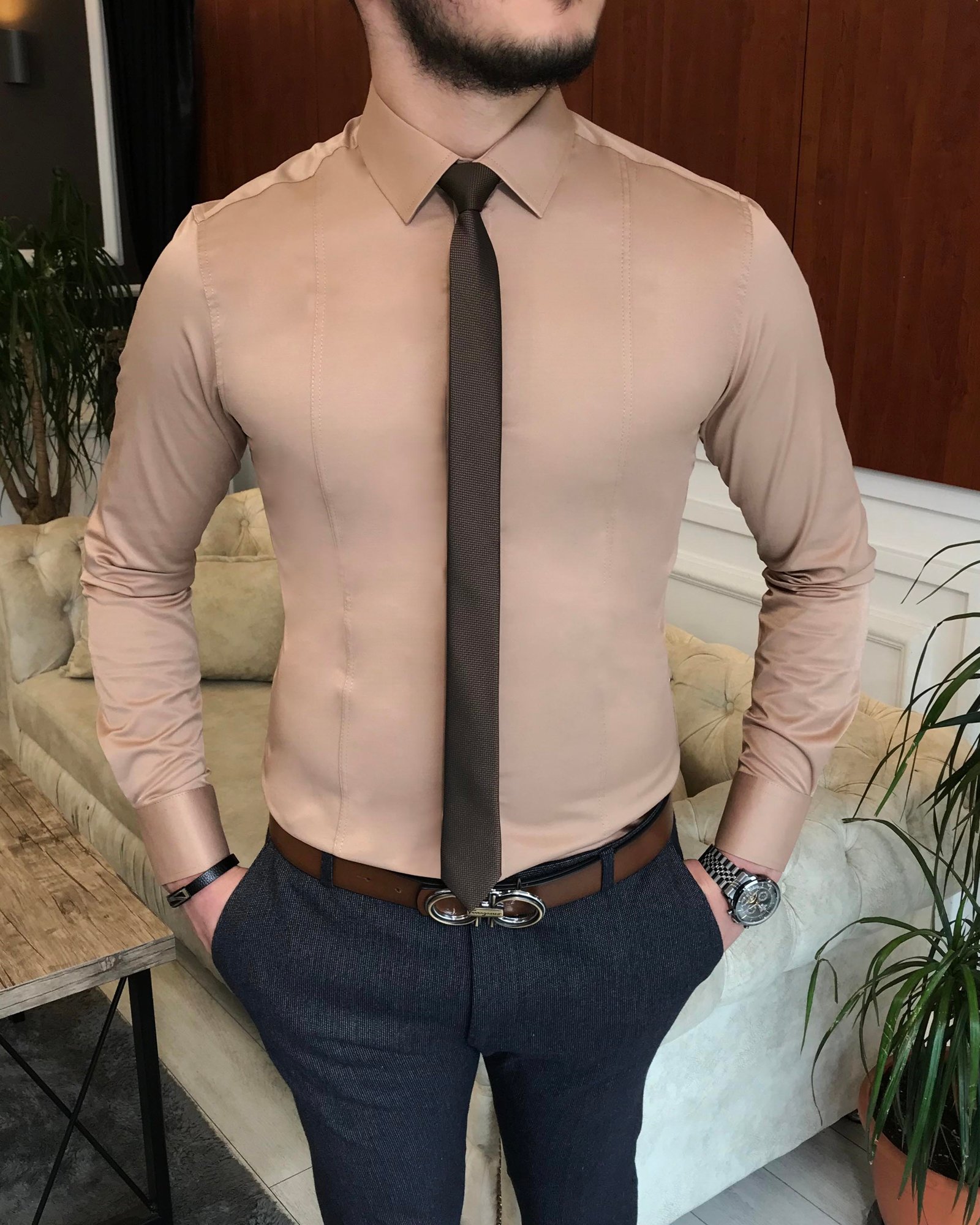 İtalyan stil slim fit erkek kravat yaka gömlek Vizon T6820