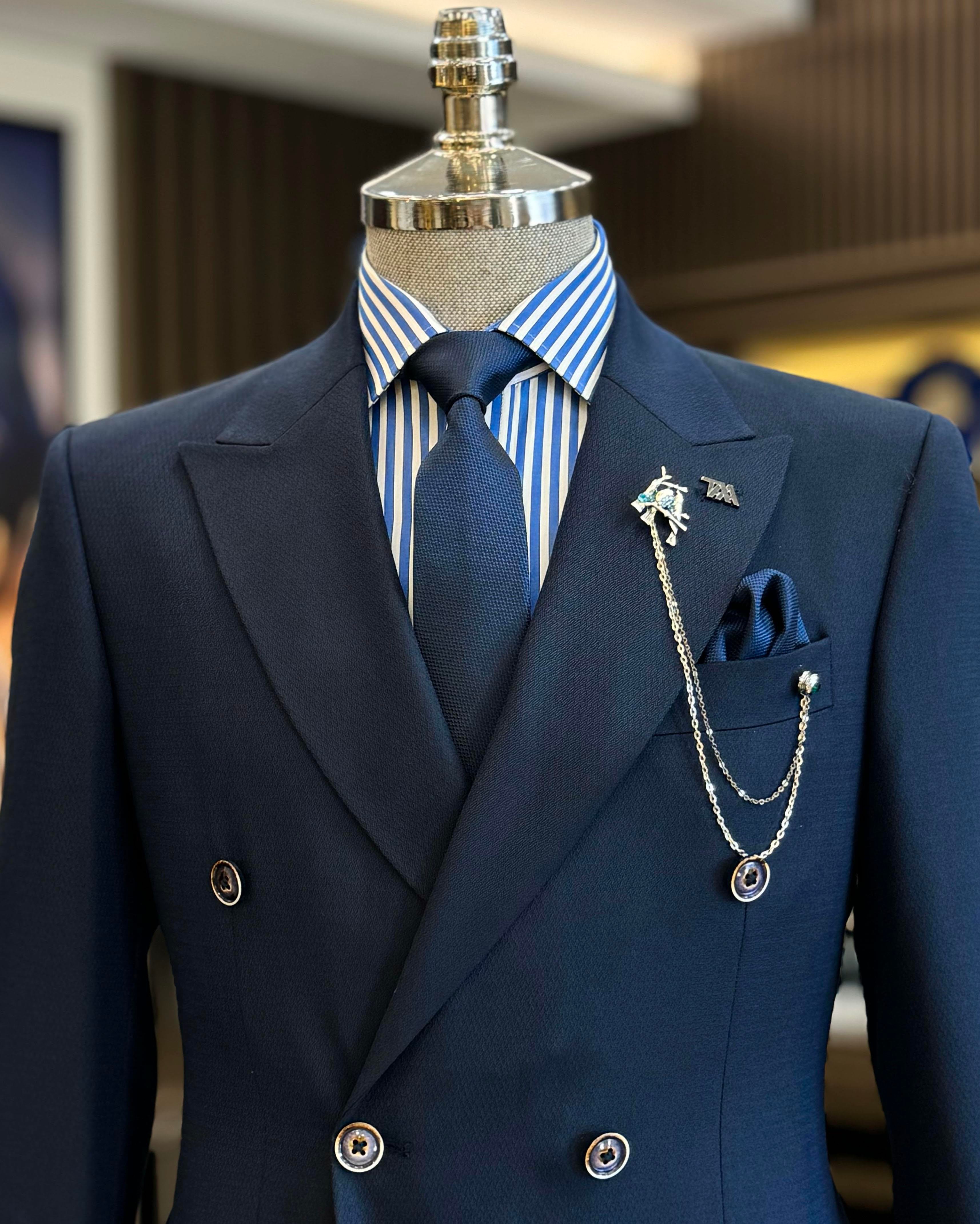 İtalyan stil slim fit erkek kruvaze ceket pantolon takım elbise lacivert T12692