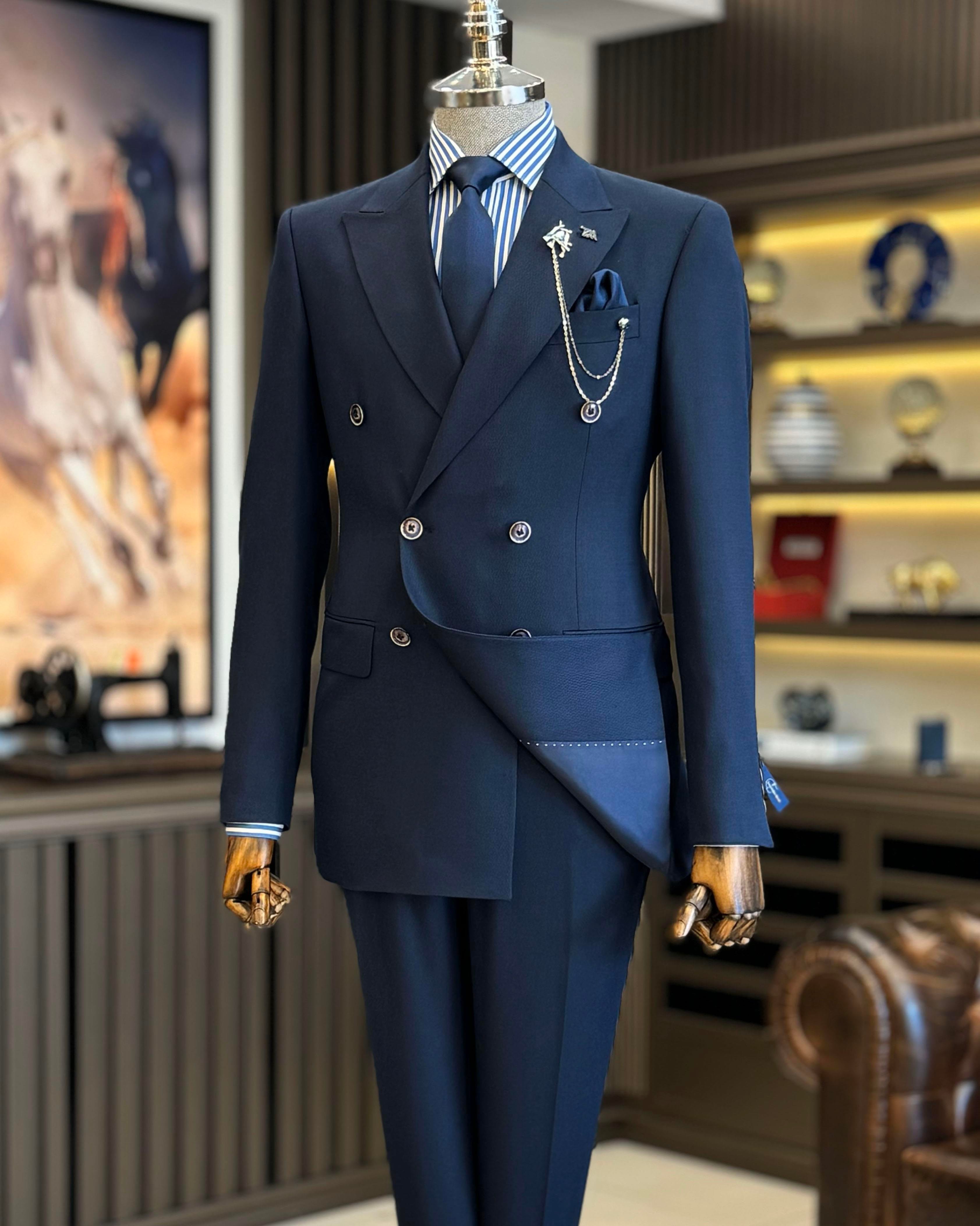 İtalyan stil slim fit erkek kruvaze ceket pantolon takım elbise lacivert T12692