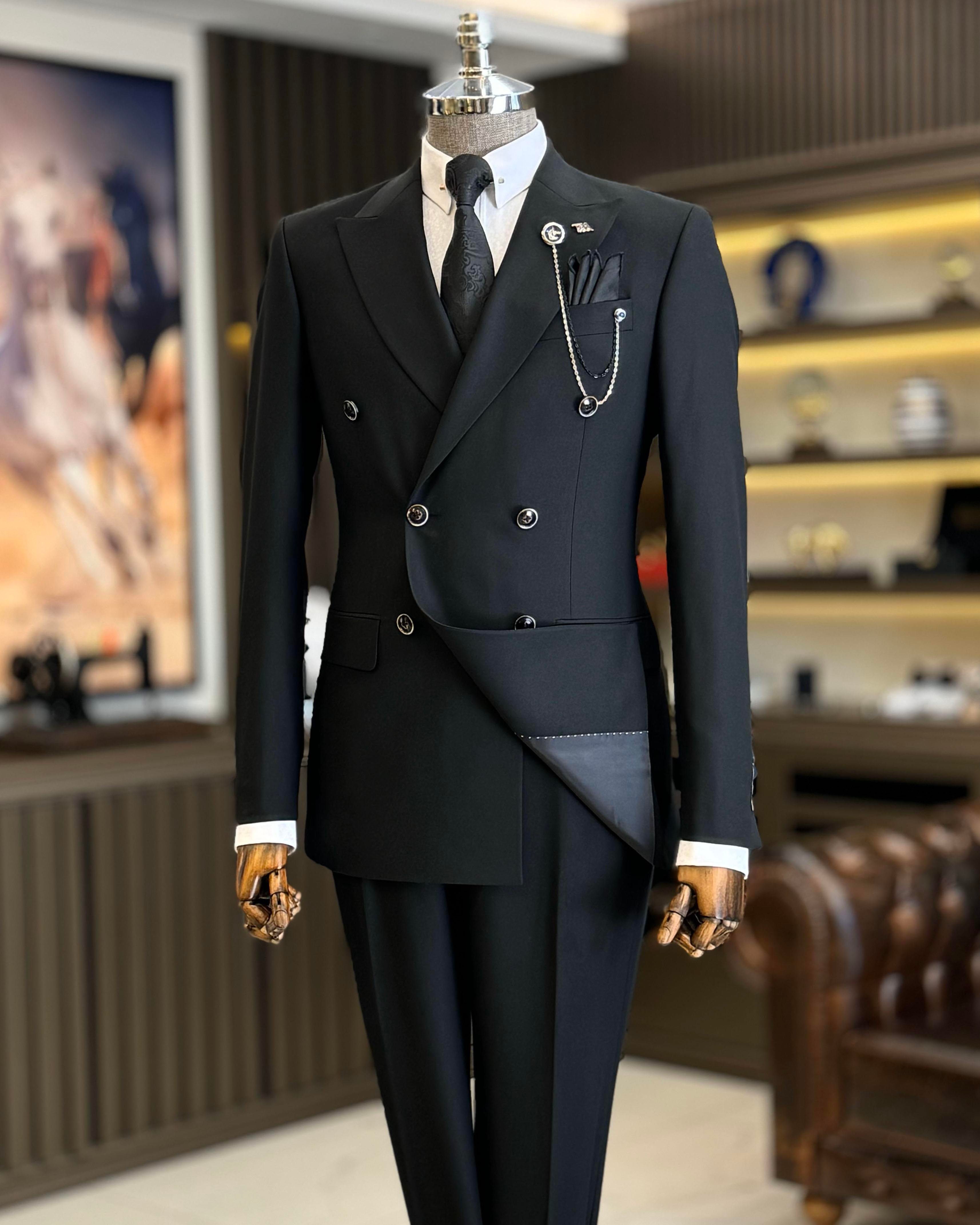 İtalyan stil slim fit erkek kruvaze ceket pantolon takım elbise siyah T12691
