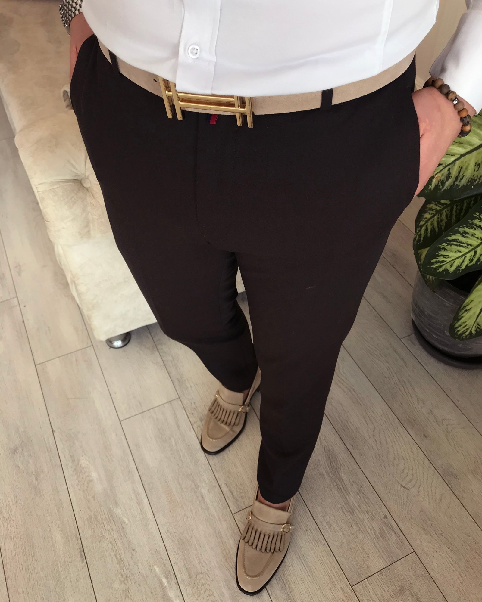 İtalyan stil slim fit erkek kumaş pantolon kahverengi T4488