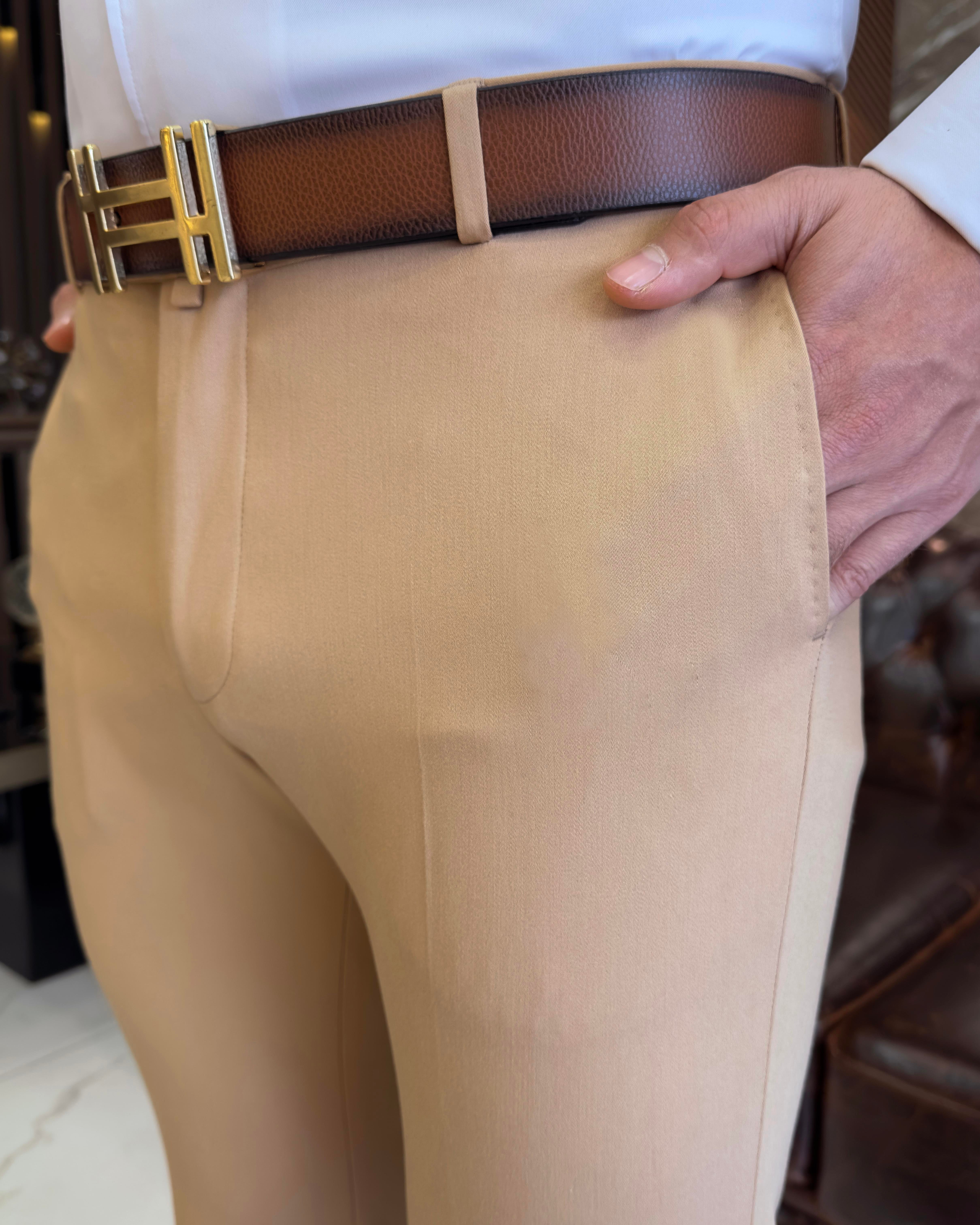 İtalyan stil slim fit erkek kumaş pantolon Açık Camel T4678