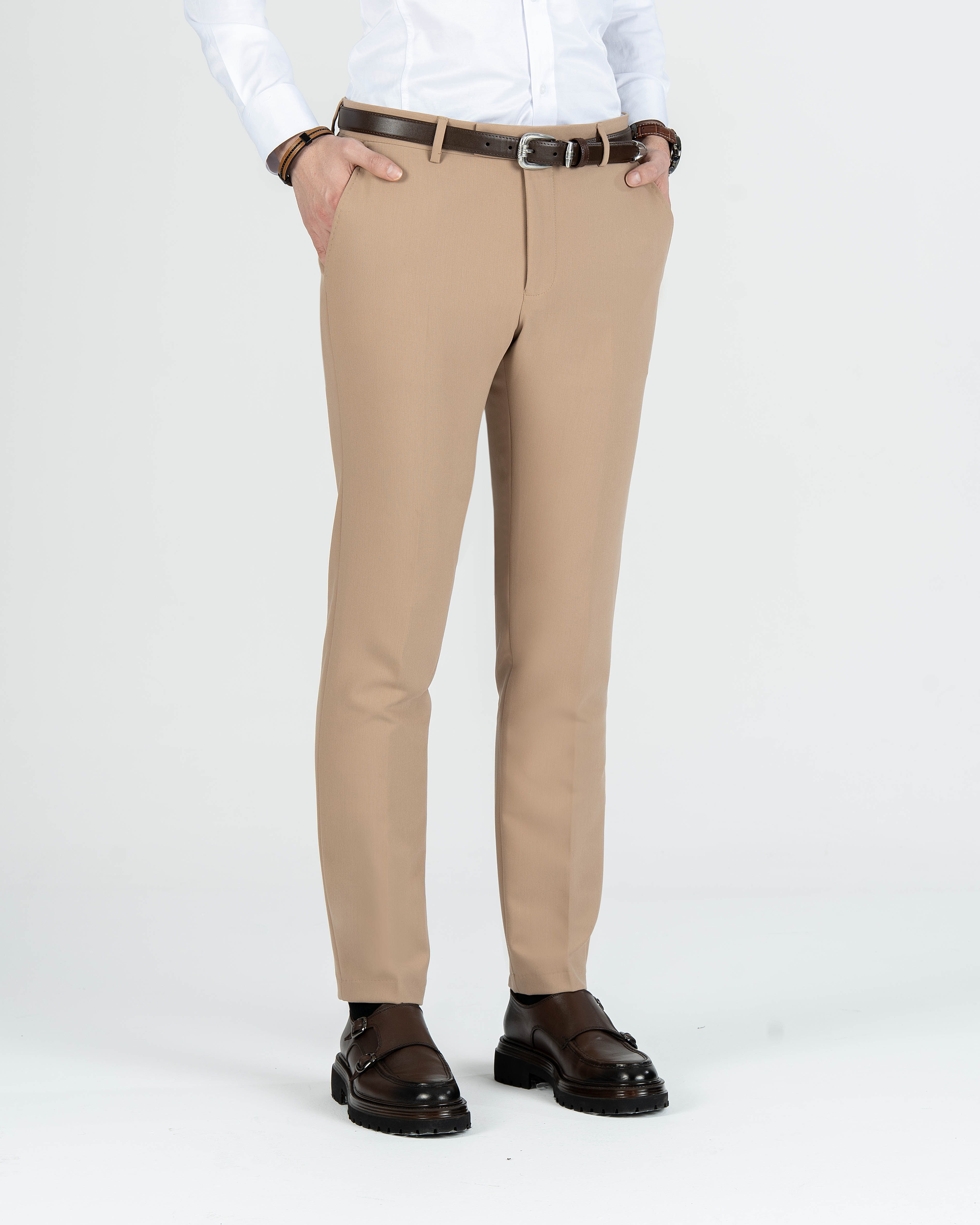 İtalyan stil slim fit erkek kumaş pantolon vizon T13689