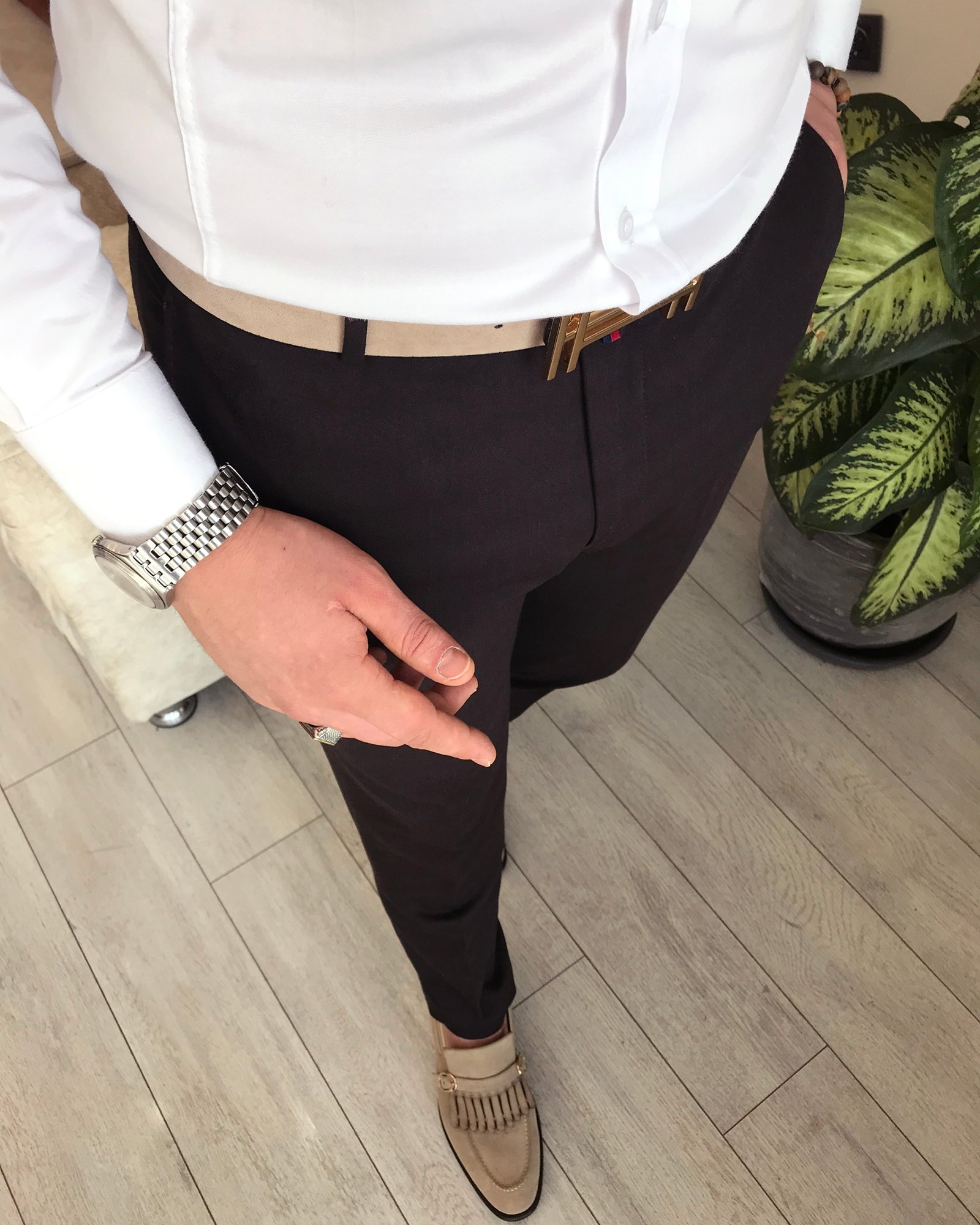 İtalyan stil slim fit erkek kumaş pantolon kahverengi T4488