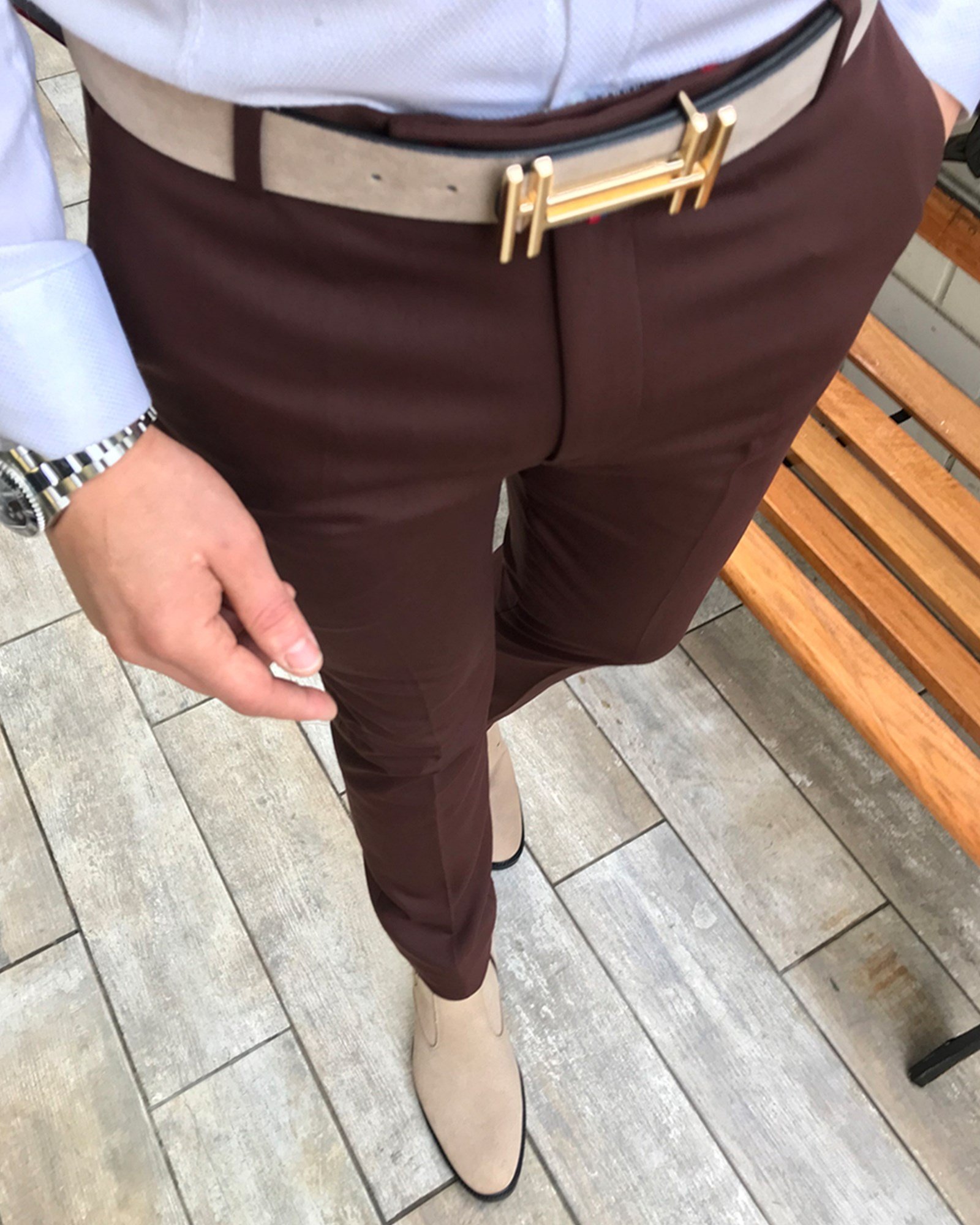 İtalyan stil slim fit erkek kumaş pantolon Kahverengi T4425