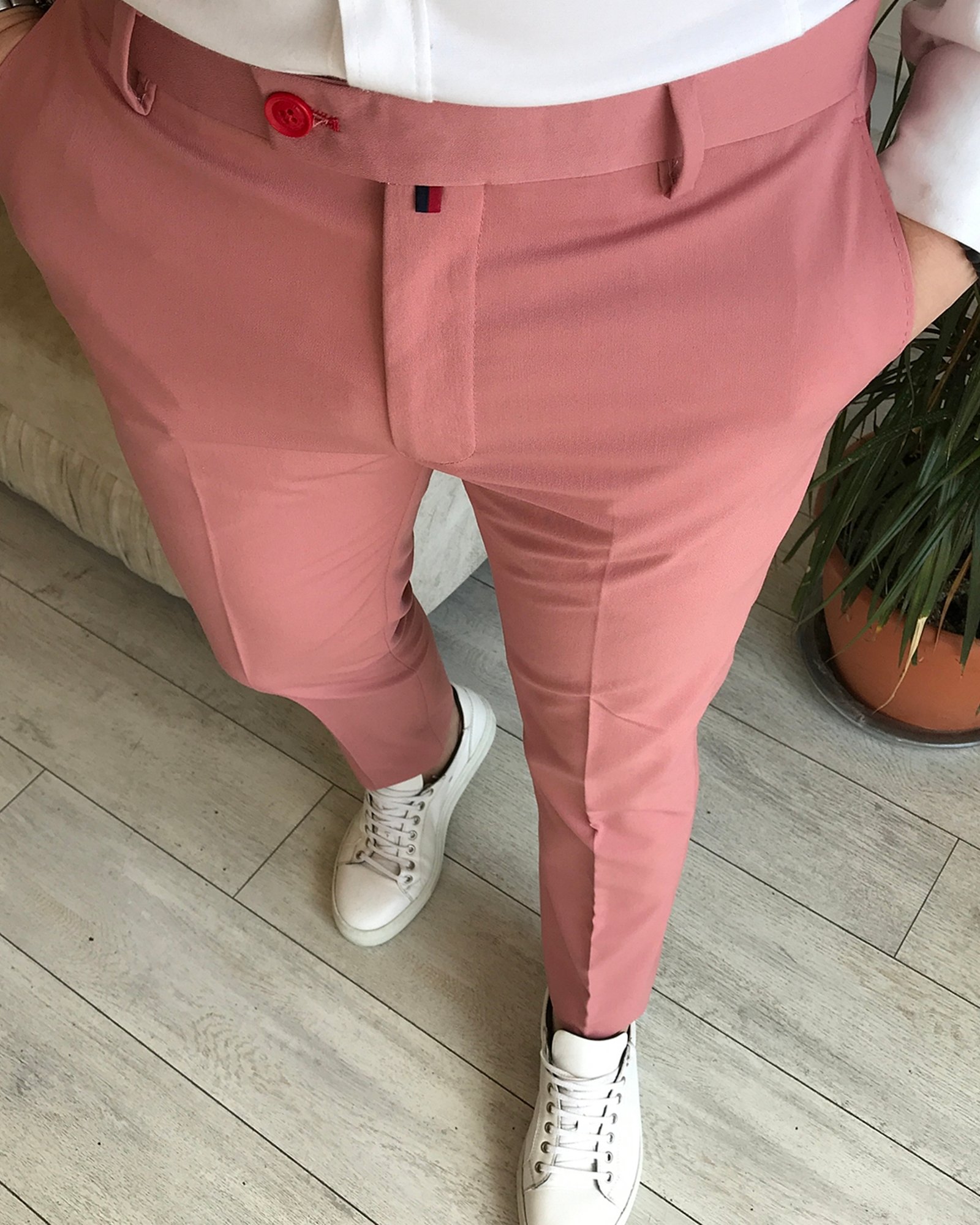 İtalyan stil slim fit erkek kumaş pantolon Açık Pembe T5260