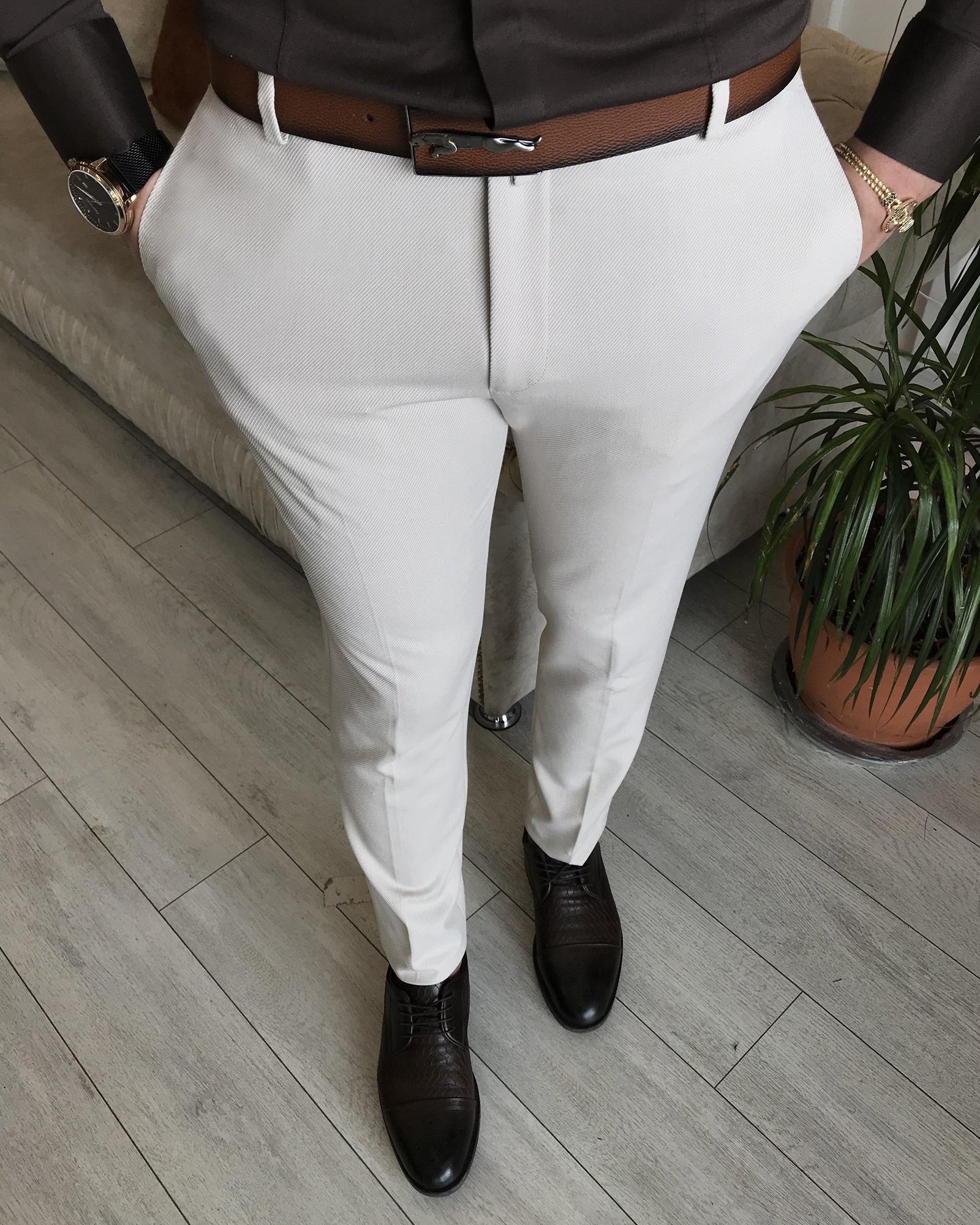 İtalyan stil slim fit erkek kumaş pantolon Bej T7137