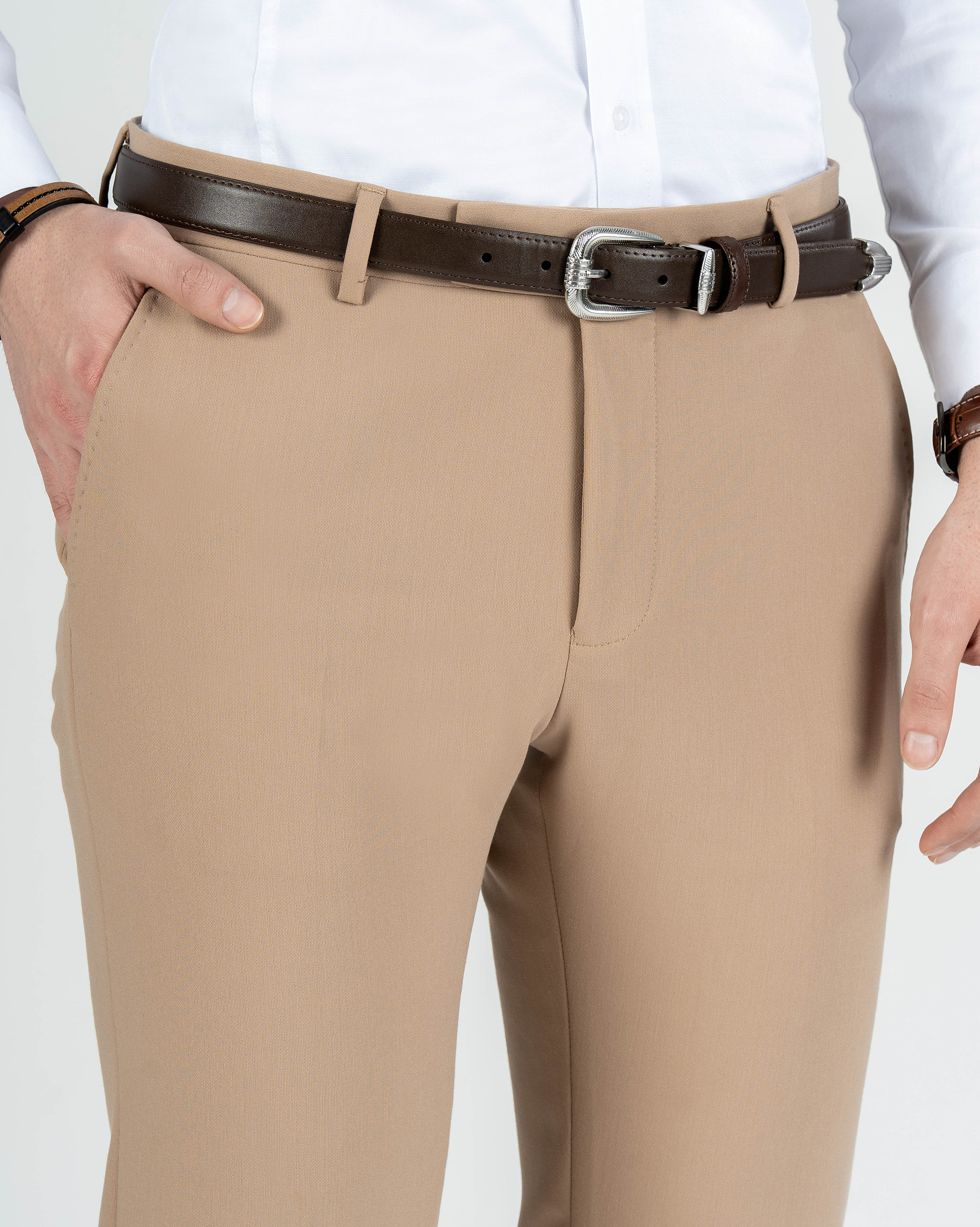 İtalyan stil slim fit erkek kumaş pantolon vizon T13689