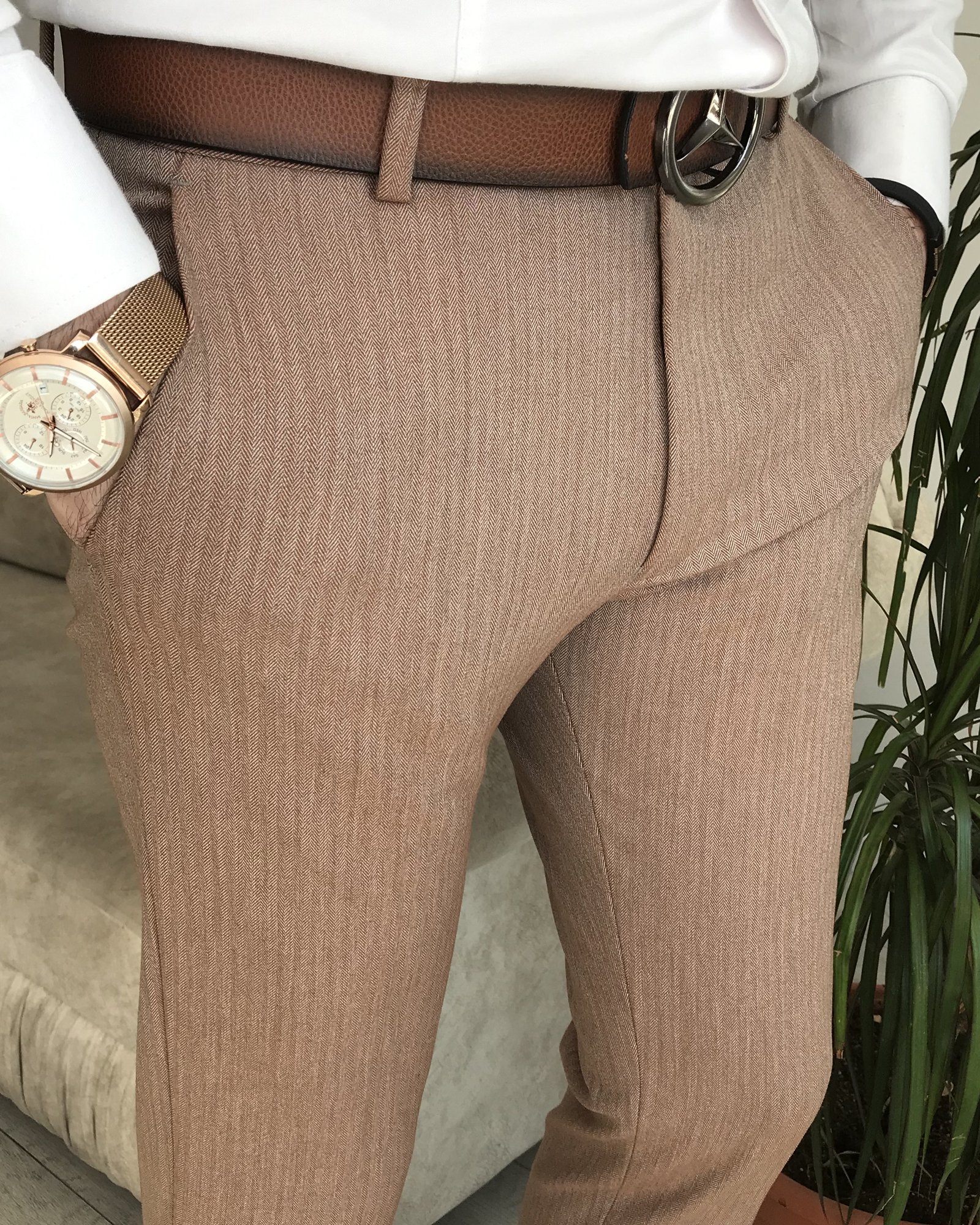 İtalyan stil slim fit erkek kumaş pantolon Kahverengi T7752