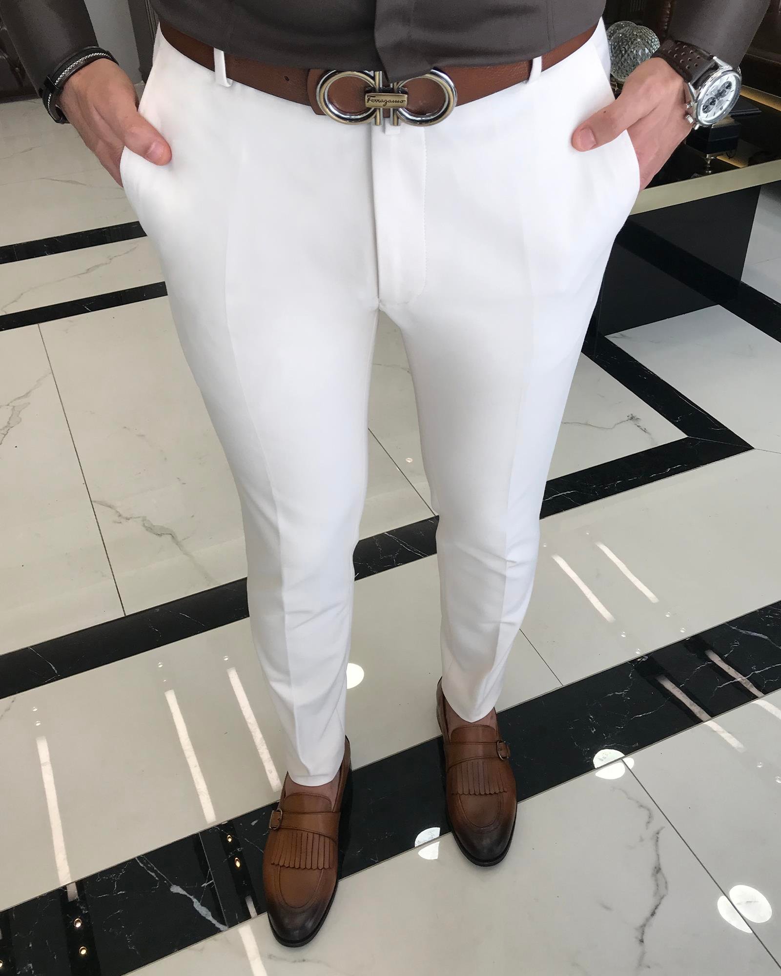 İtalyan stil slim fit erkek kumaş pantolon Ekru T4813