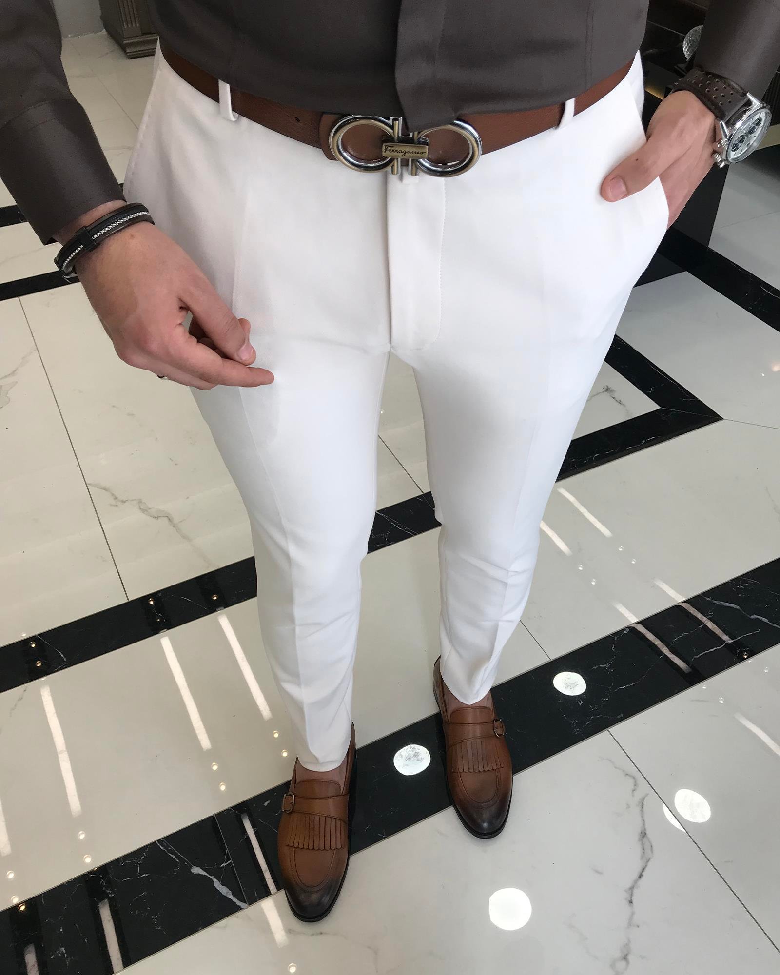 İtalyan stil slim fit erkek kumaş pantolon Ekru T4813