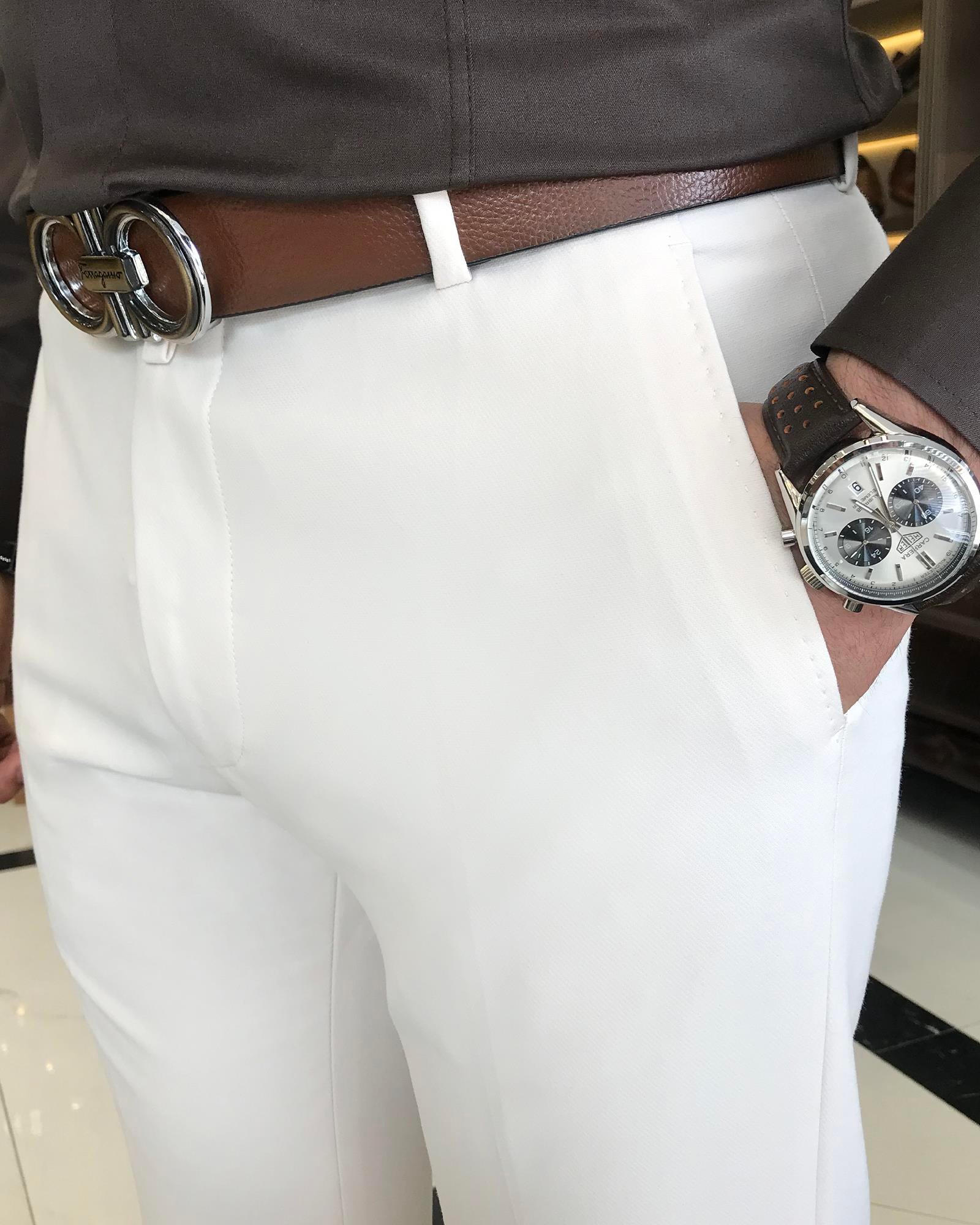 İtalyan stil slim fit erkek kumaş pantolon Ekru T4813