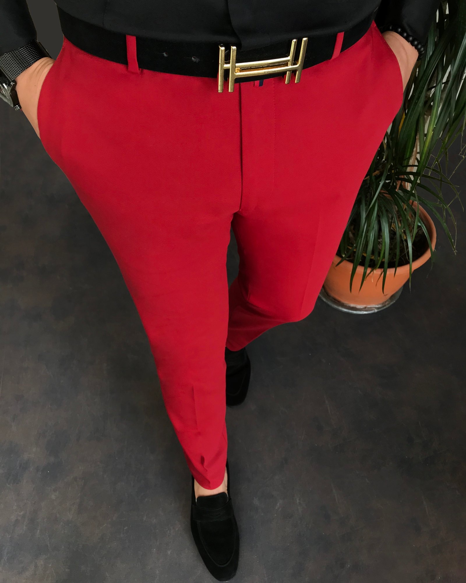 İtalyan stil slim fit erkek kumaş pantolon Kırmızı T5252