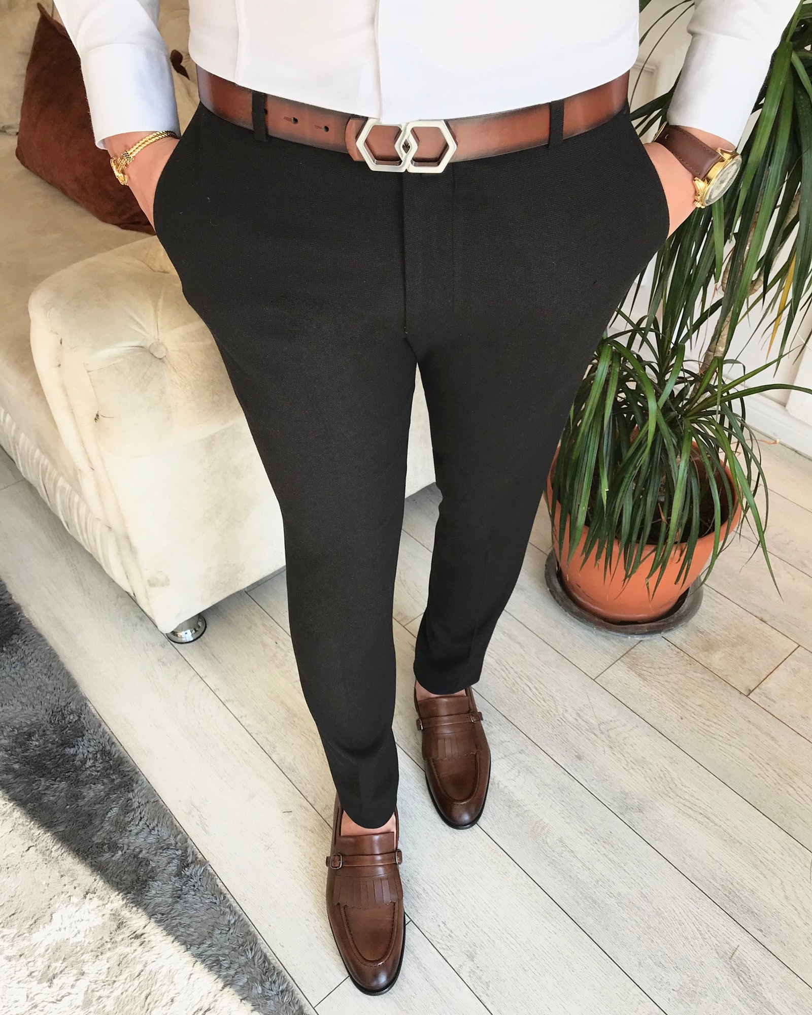 İtalyan stil slim fit erkek kumaş pantolon kahverengi T6693