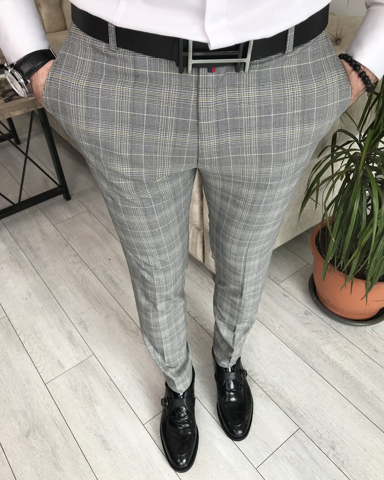 İtalyan stil slim fit erkek kumaş pantolon Gri T7744