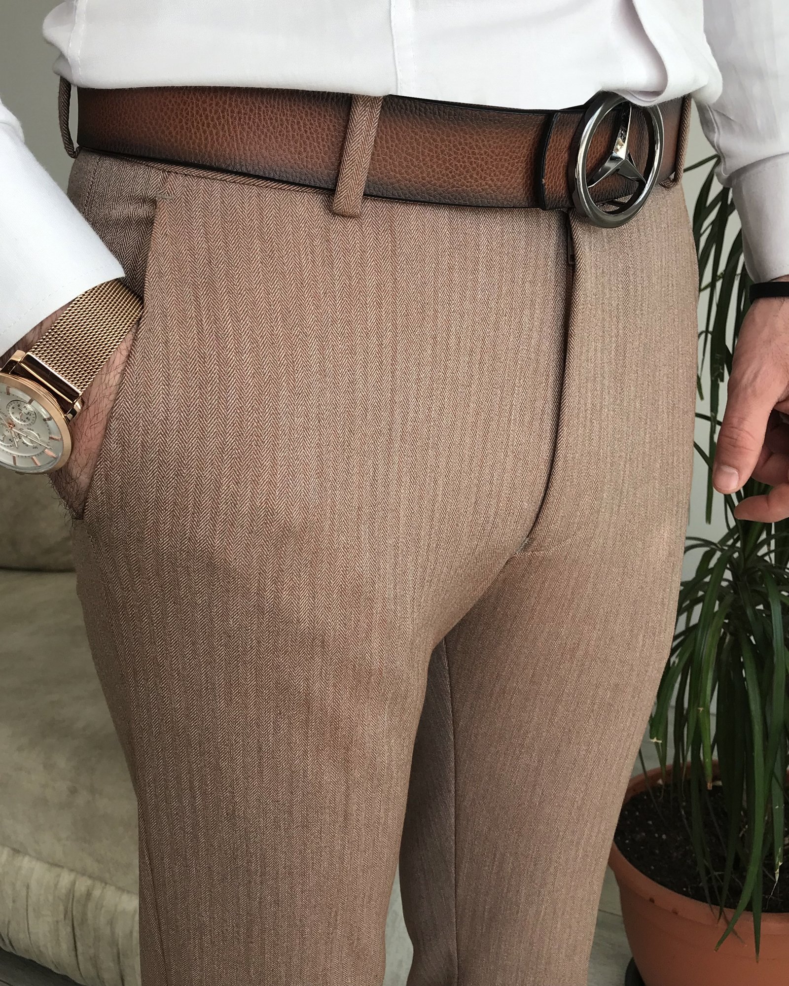 İtalyan stil slim fit erkek kumaş pantolon Kahverengi T7752