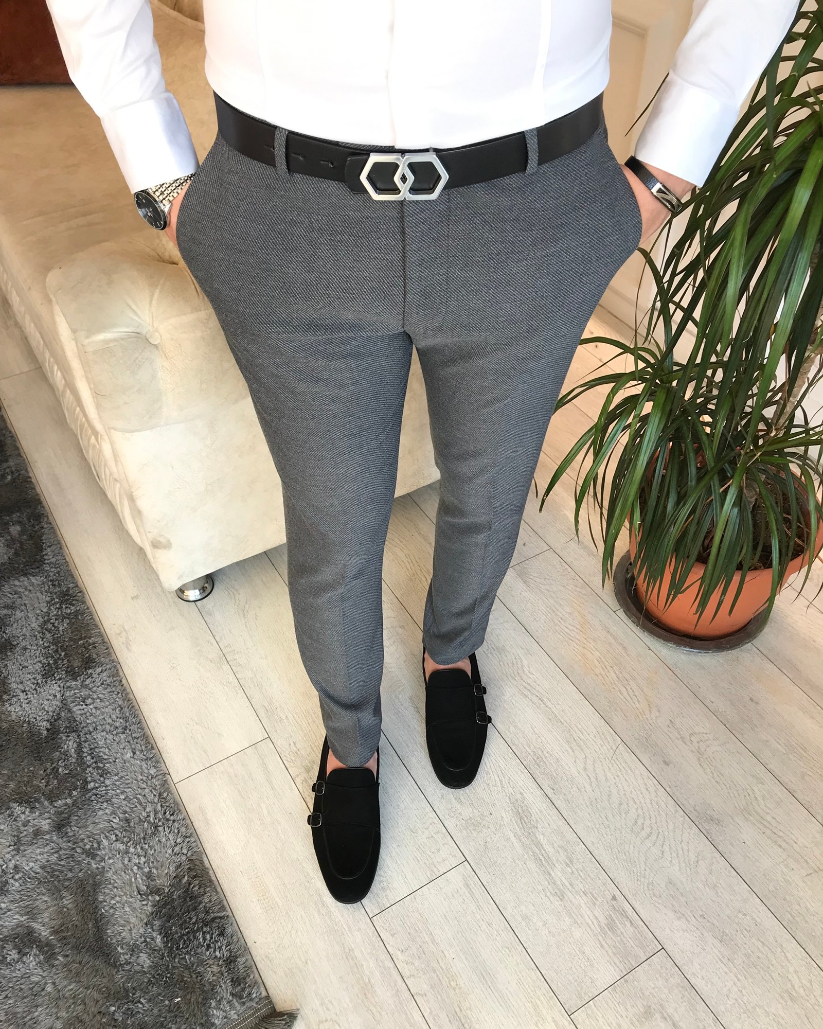 İtalyan stil slim fit erkek kumaş pantolon Gri T6615