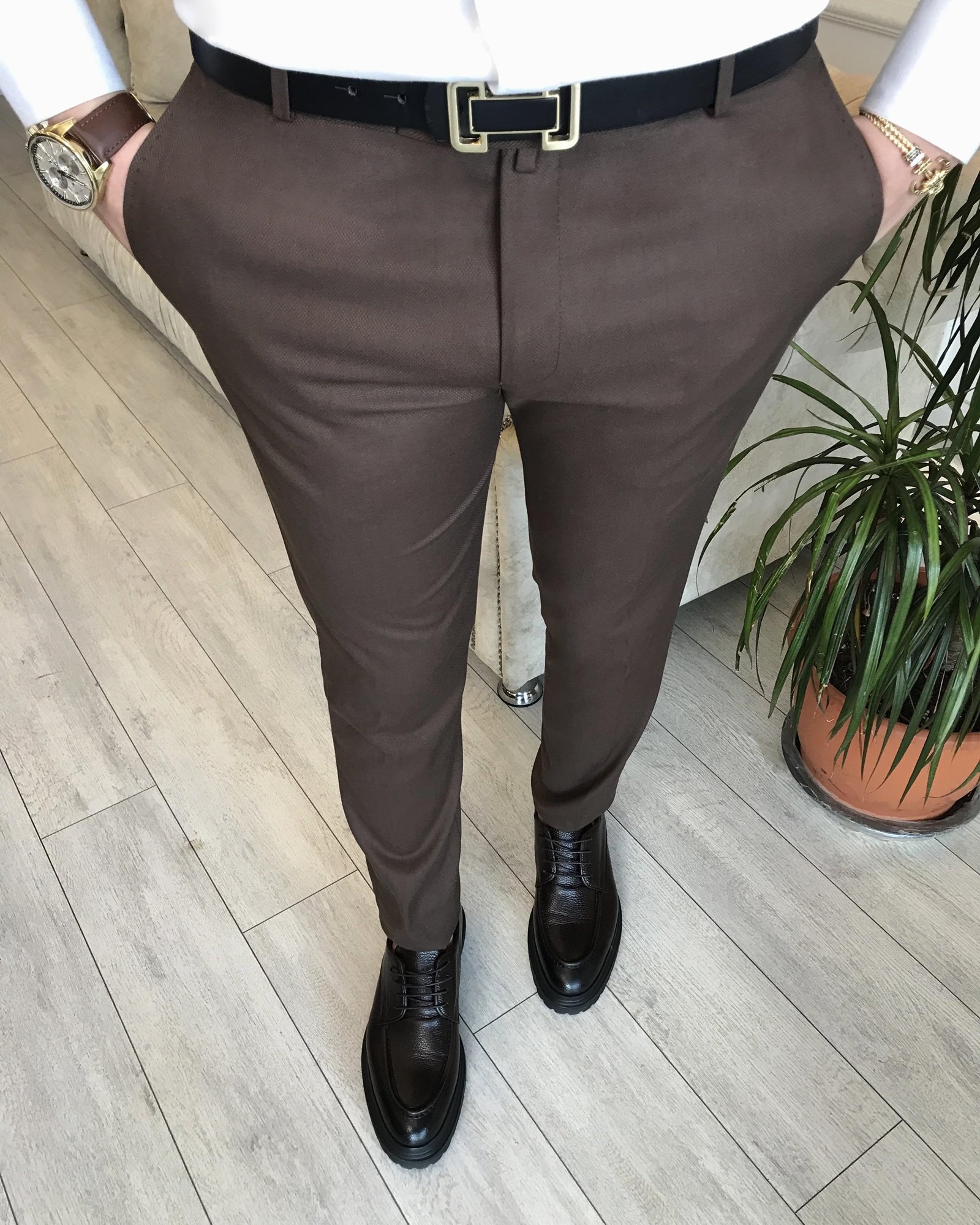 İtalyan stil slim fit erkek kumaş pantolon Kahverengi T4911