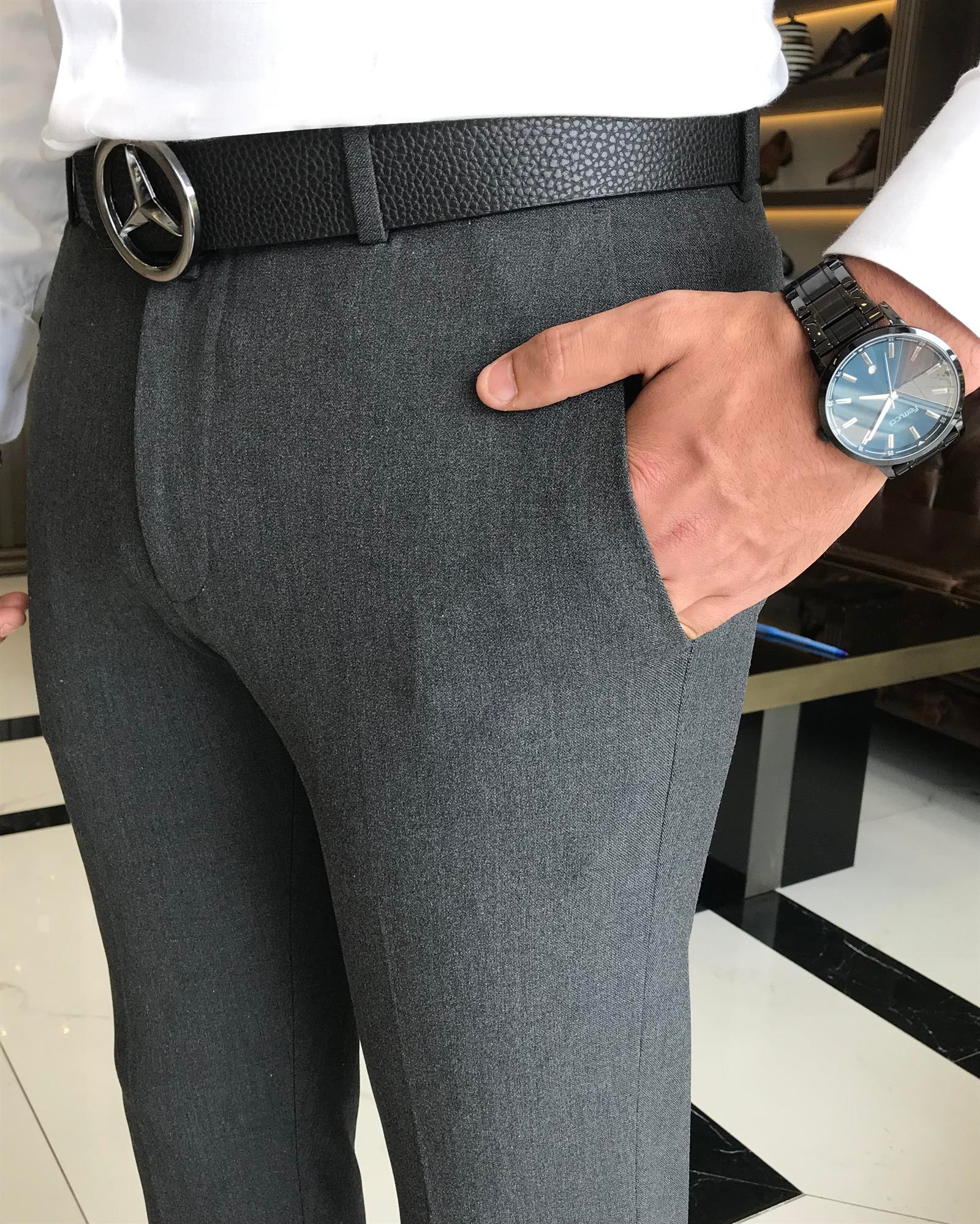 İtalyan stil slim fit erkek kumaş pantolon antrasit T9722