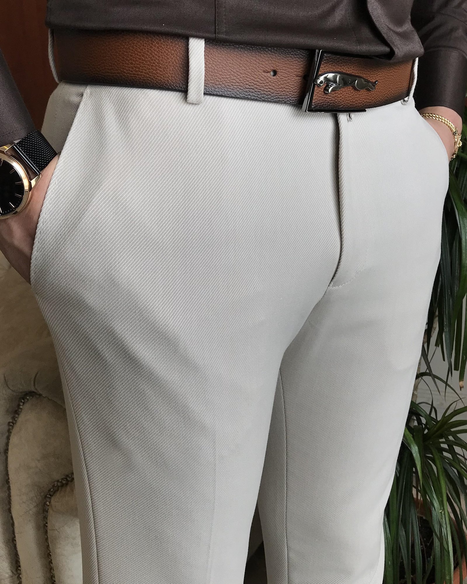 İtalyan stil slim fit erkek kumaş pantolon Bej T7137
