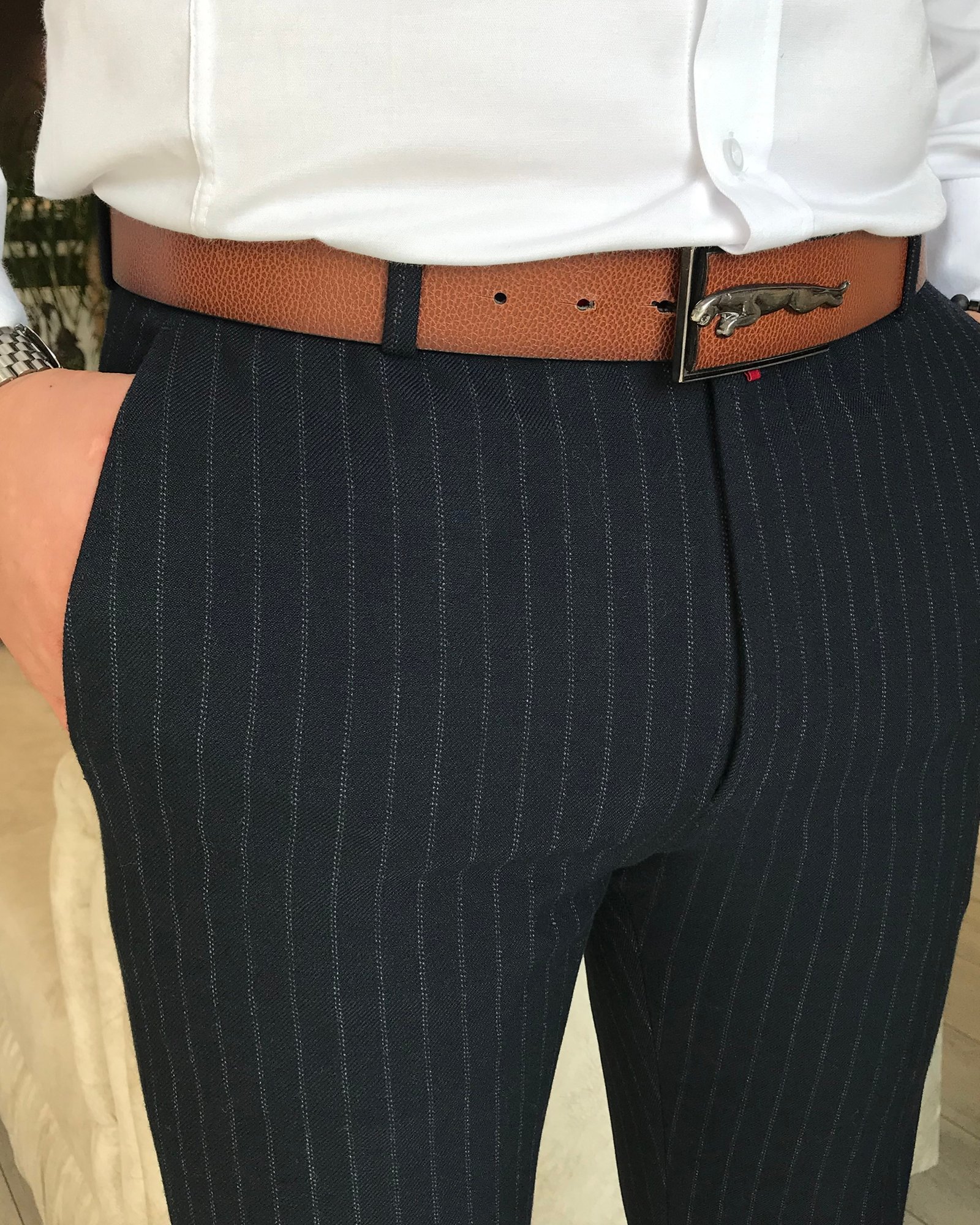 İtalyan stil slim fit erkek kumaş pantolon çizgili Lacivert T4912