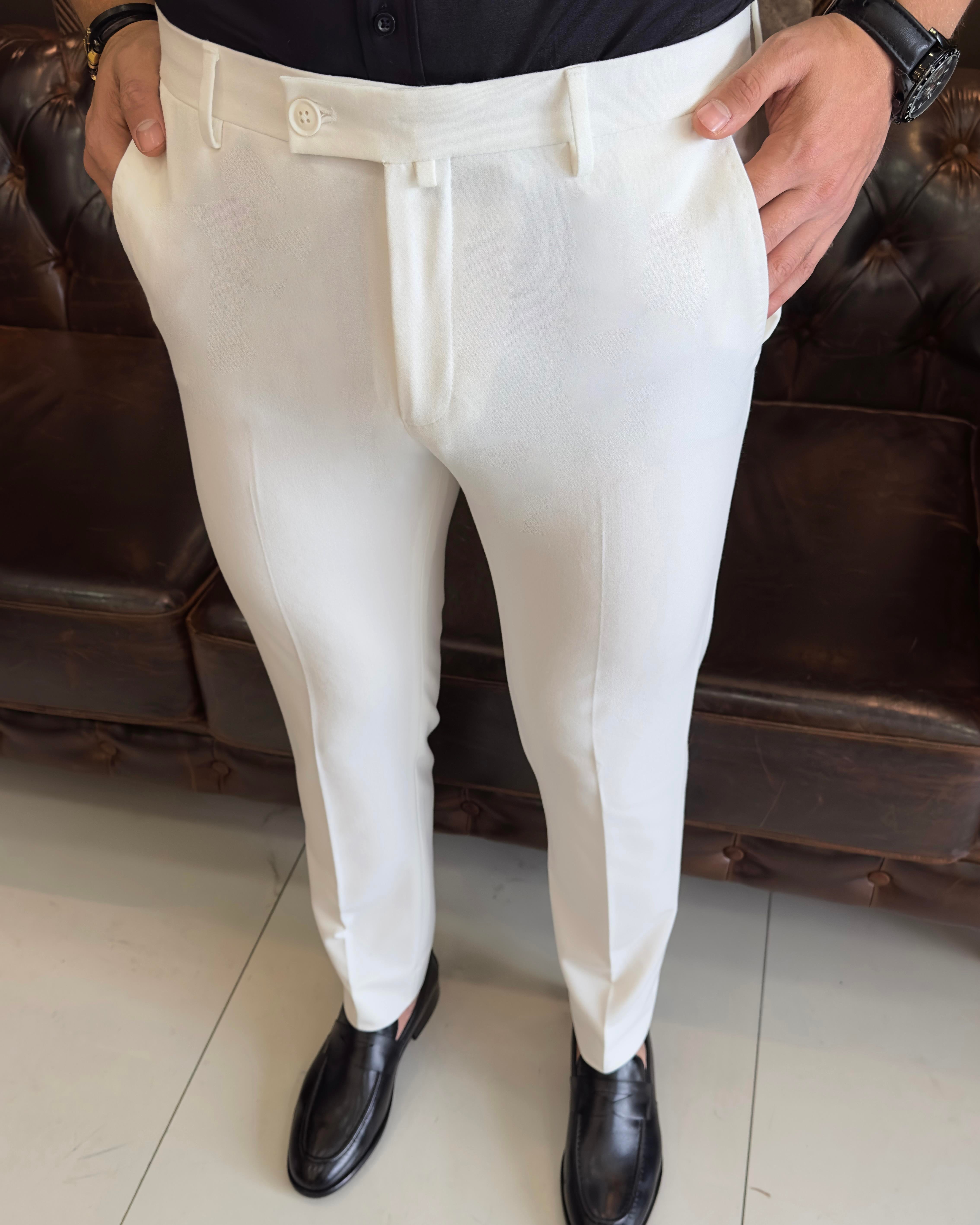 İtalyan stil slim fit erkek kumaş pantolon ekru T9765