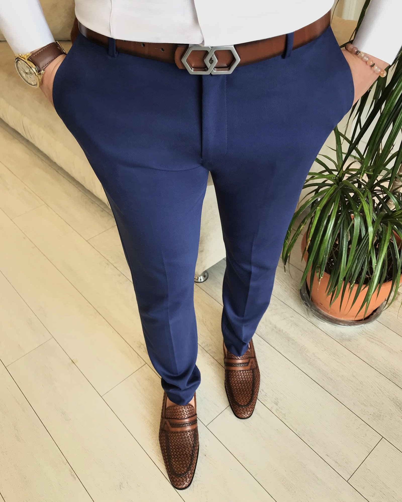 İtalyan stil slim fit erkek kumaş pantolon Açık Lacivert T4828