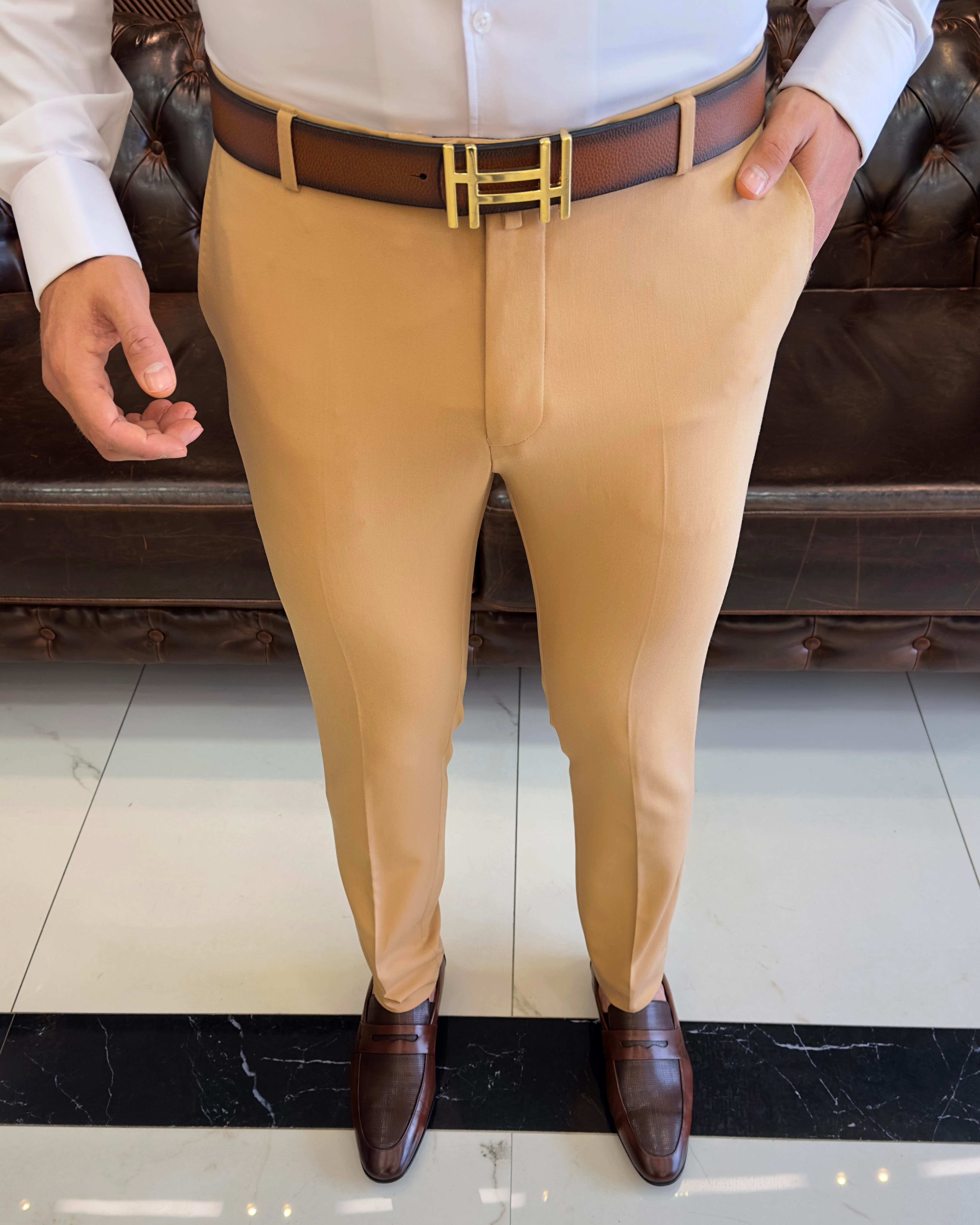 İtalyan stil slim fit erkek kumaş pantolon Açık Camel T4678