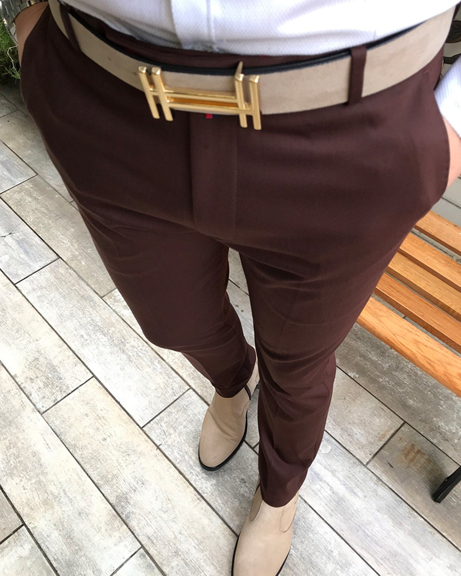 İtalyan stil slim fit erkek kumaş pantolon Kahverengi T4425