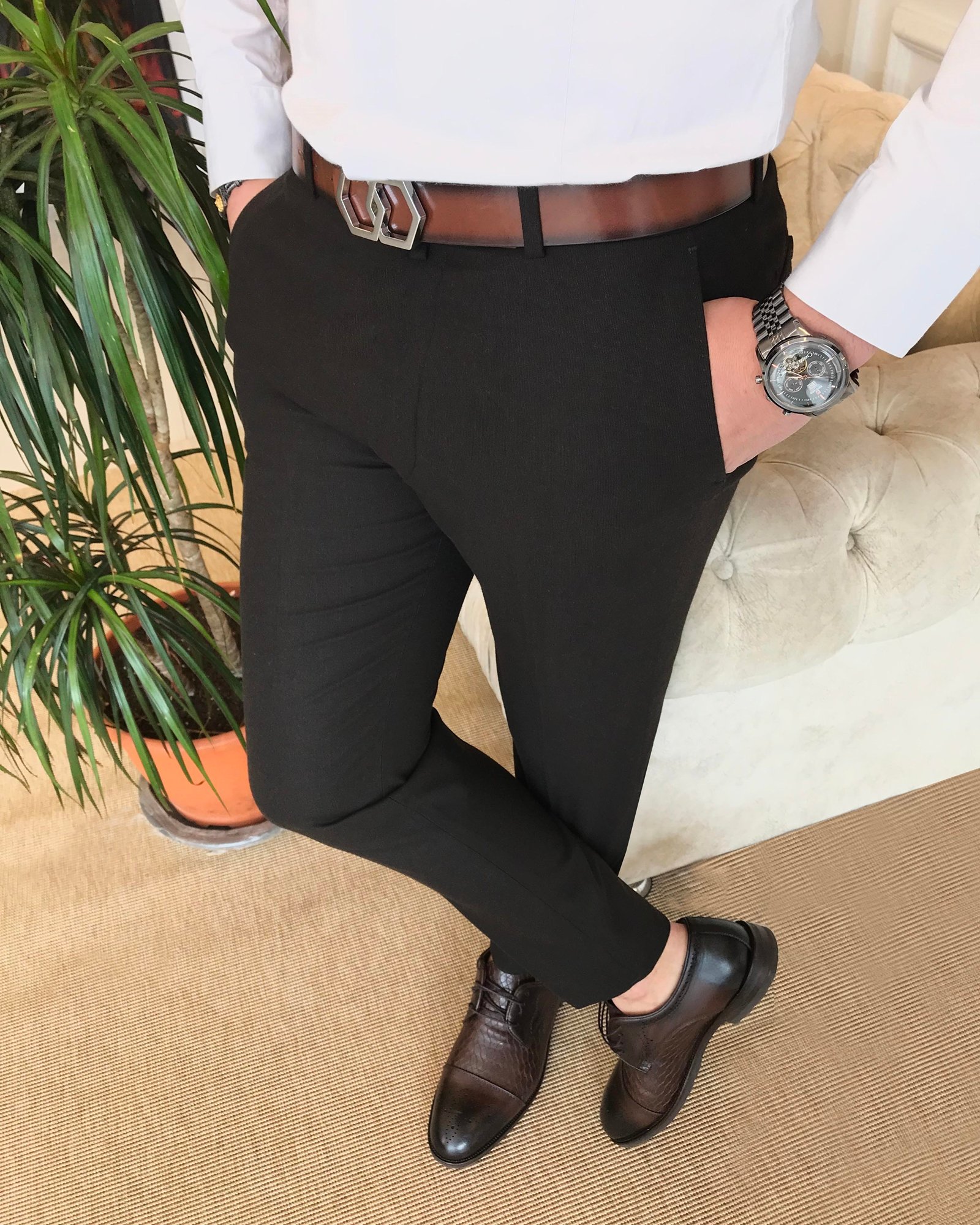 İtalyan stil slim fit erkek kumaş pantolon kahverengi T6693