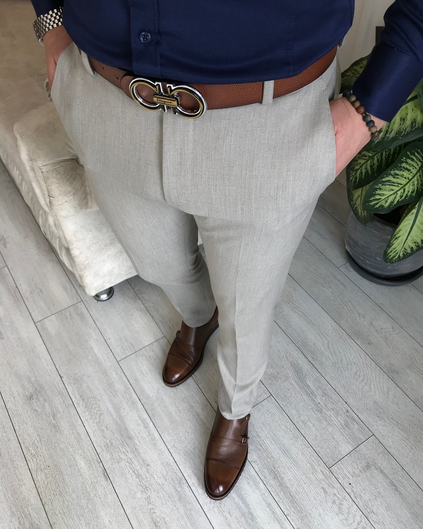 İtalyan stil slim fit erkek kumaş pantolon Gri T4901