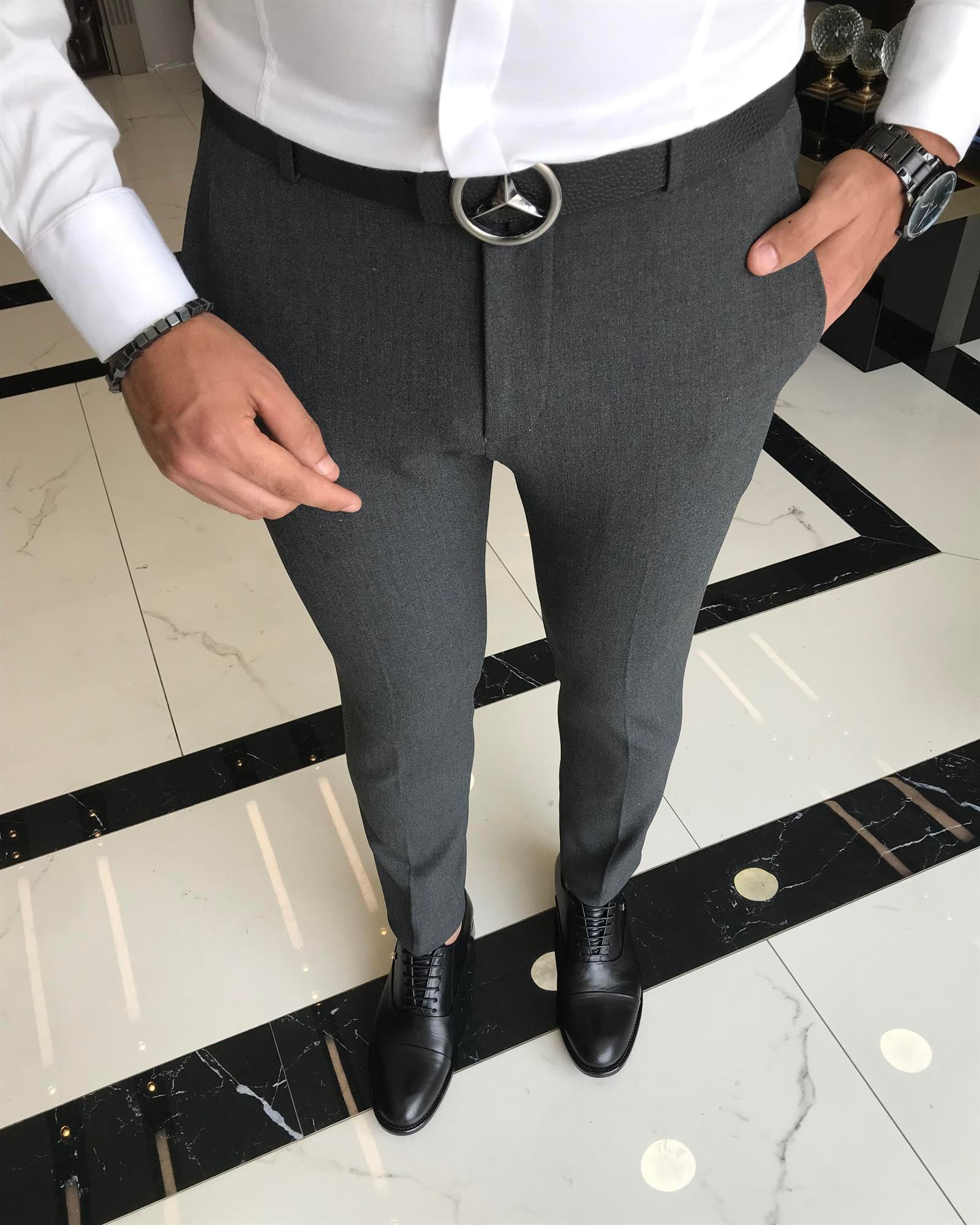 İtalyan stil slim fit erkek kumaş pantolon antrasit T9722