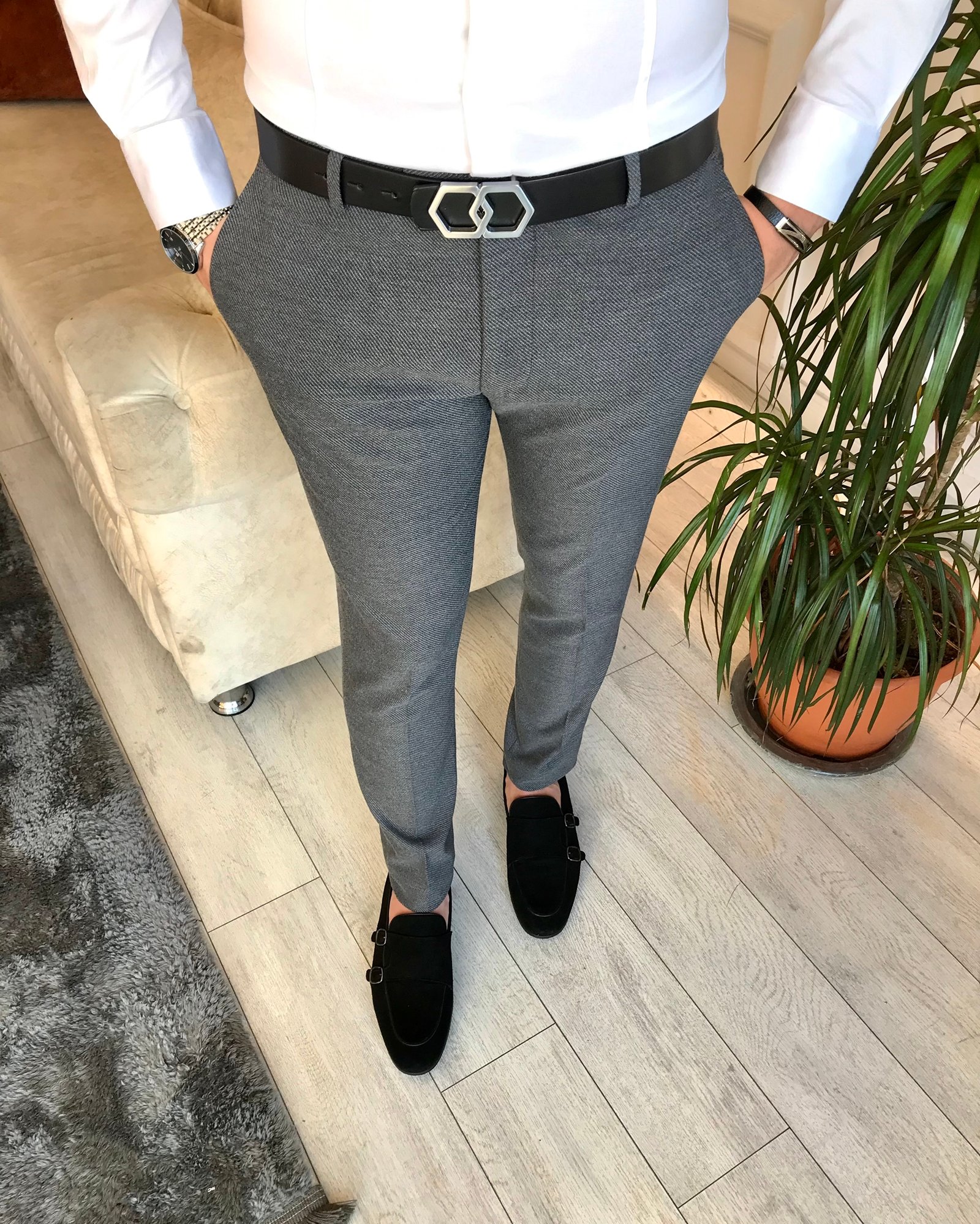 İtalyan stil slim fit erkek kumaş pantolon Gri T6615